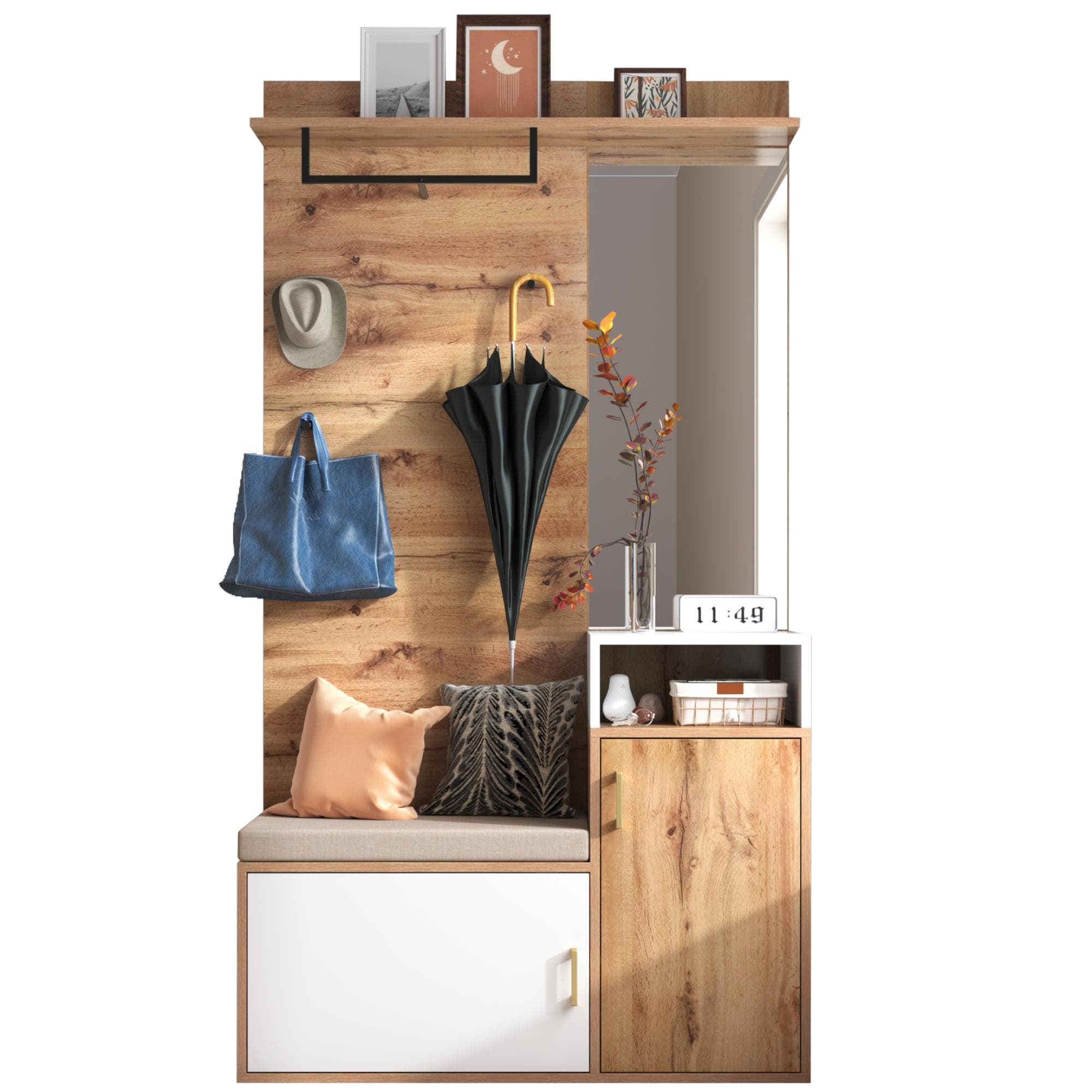 Ensemble vestiaire avec miroir, banquette, 2 compartiments à chaussures, crochets et tringle de penderie, 105x40x190,5 cm, Blanc+Couleur naturelle Aosom FR