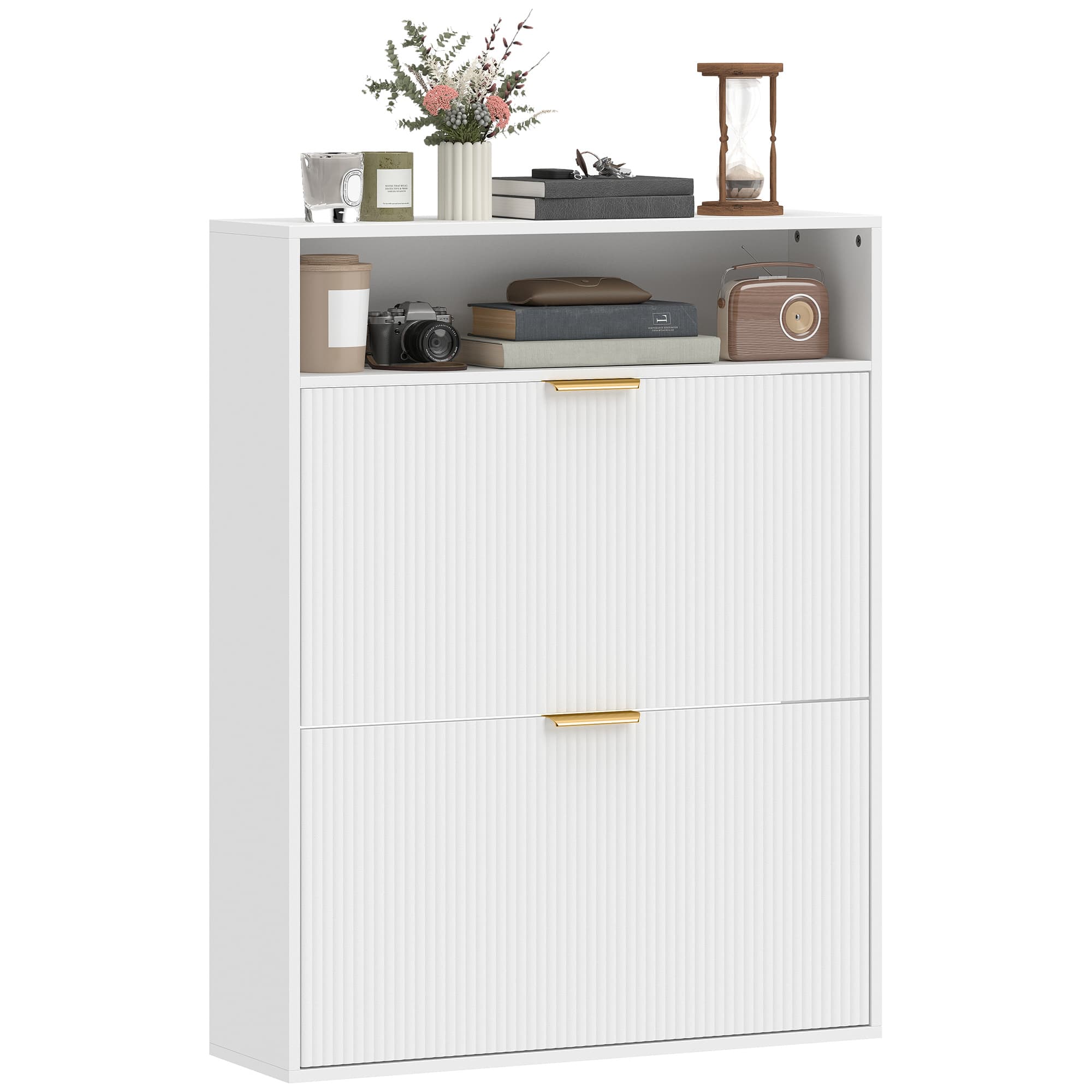 HOMCOM Armoire à chaussures étroite à 2 compartiments rabattables et étagère pour couloir et entrée, Blanc