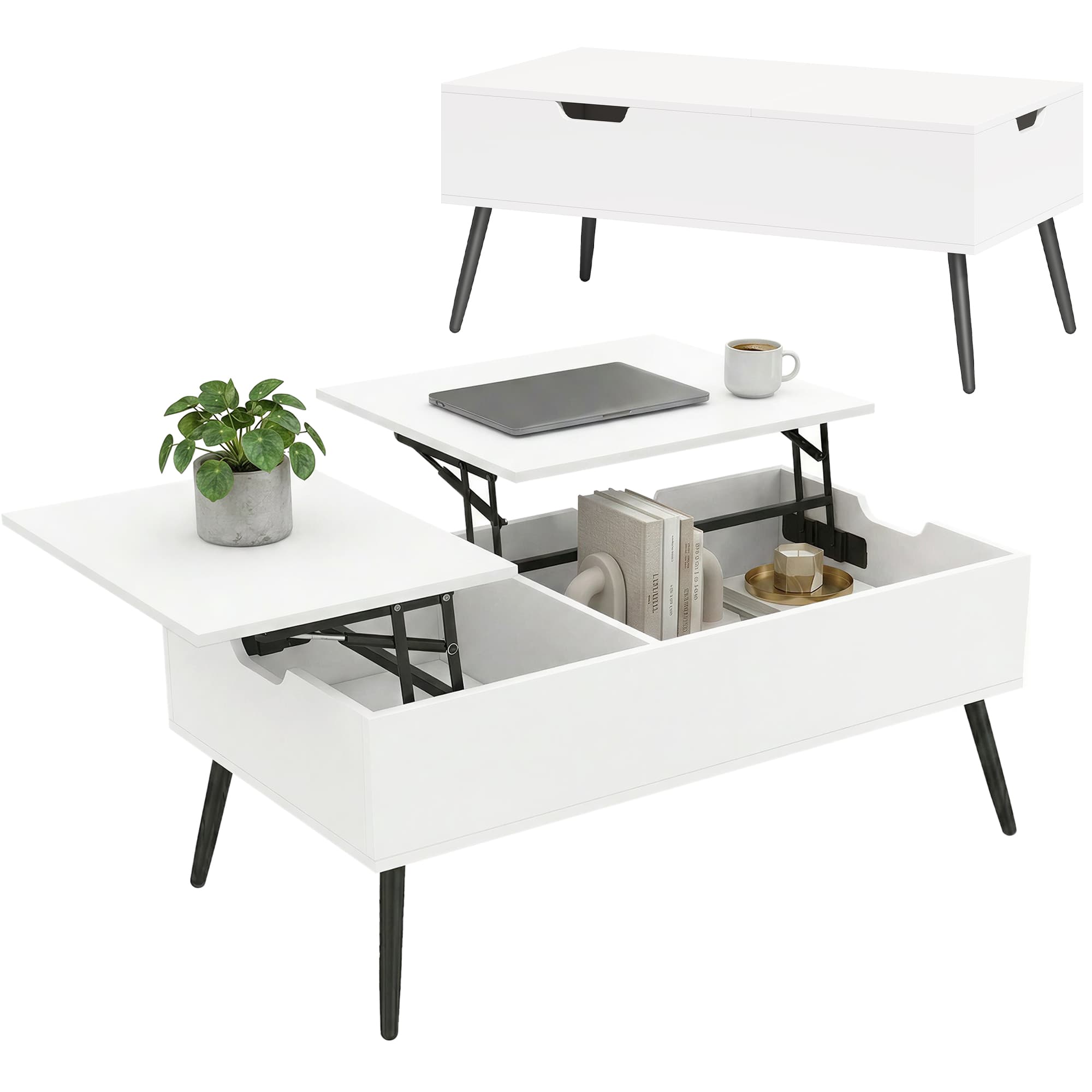 HOMCOM Table Basse Relevable avec Double Plateau et Compartiment Caché, Blanc pour Salon