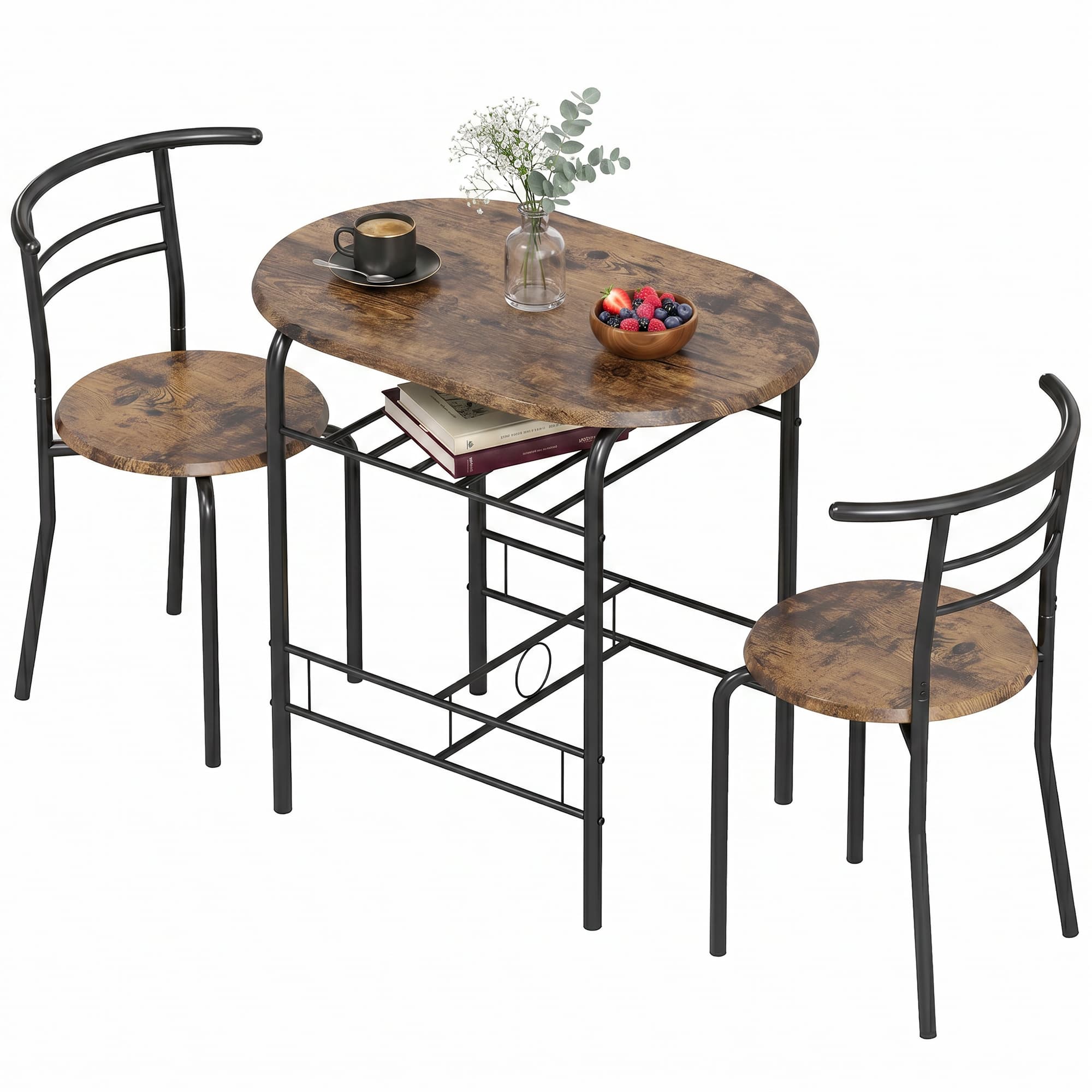 HOMCOM Ensemble salle à manger 3 pièces, table de cuisine avec chaises pour 2 personnes et étagère, salon brun rustique