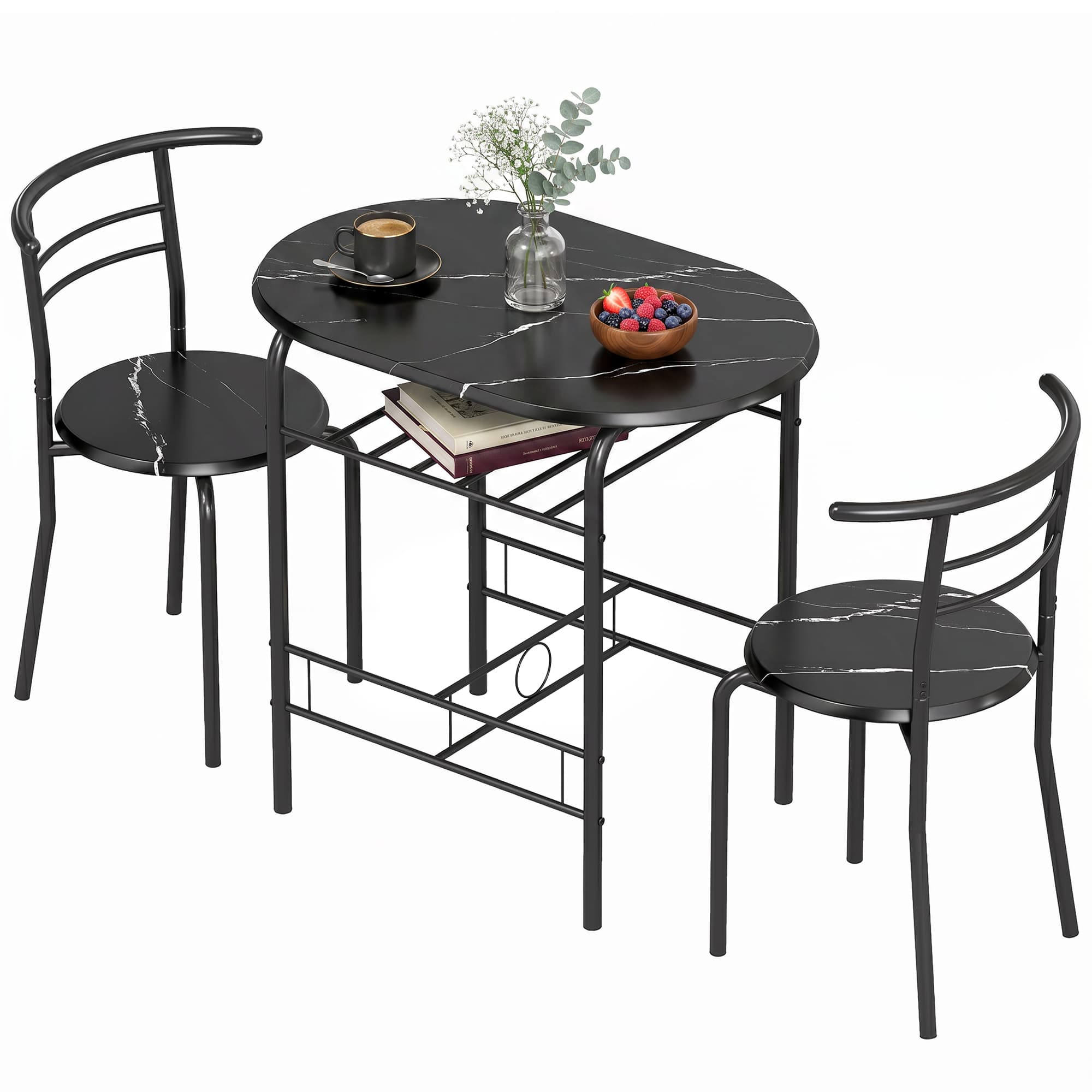 HOMCOM Ensemble salle à manger 3 pièces, table de cuisine et chaises pour 2 personnes avec étagère, salon, effet marbre noir