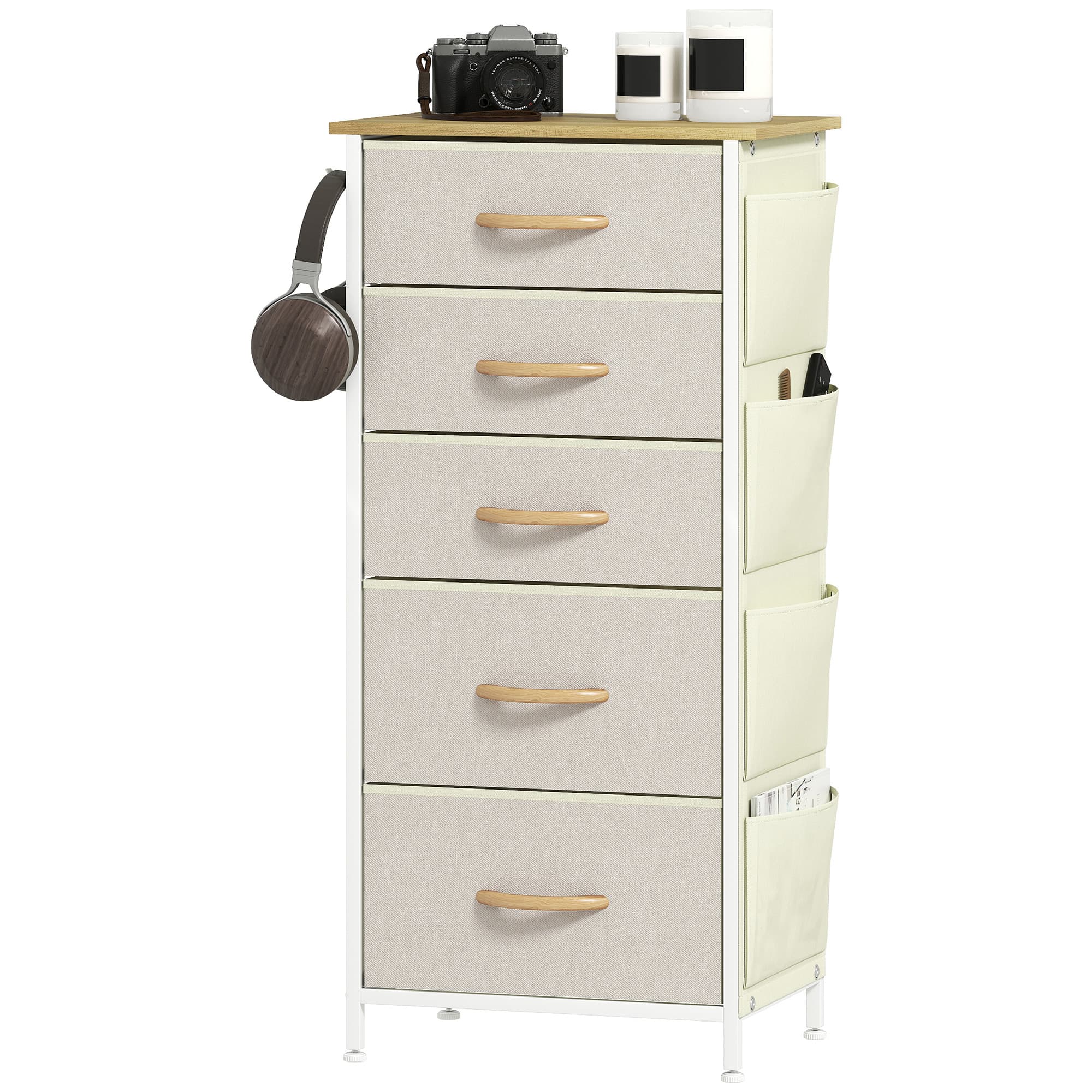 HOMCOM Commode 5 tiroirs en tissu, meuble de rangement avec 4 poches, 2 crochets, structure en acier, 45 x 30 x 94,5 cm, beige