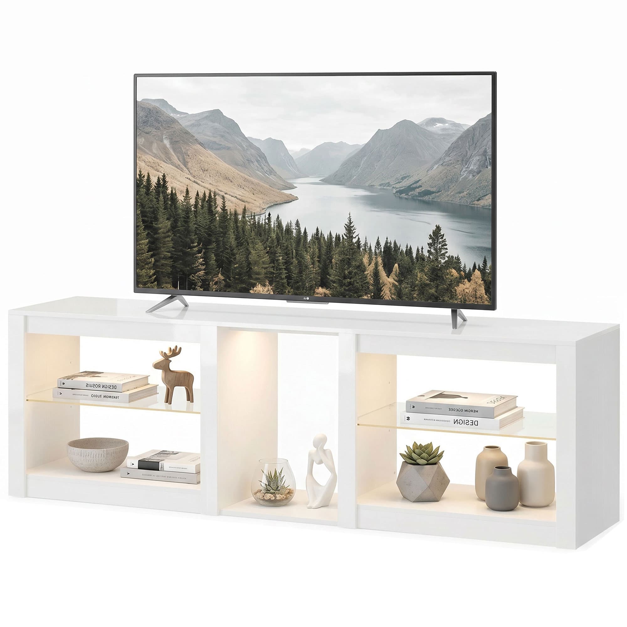 HOMCOM Meuble TV bas avec éclairage LED RVB, meuble TV moderne avec étagères en verre réglables, pour téléviseurs jusqu'à 190,5 cm, Blanc