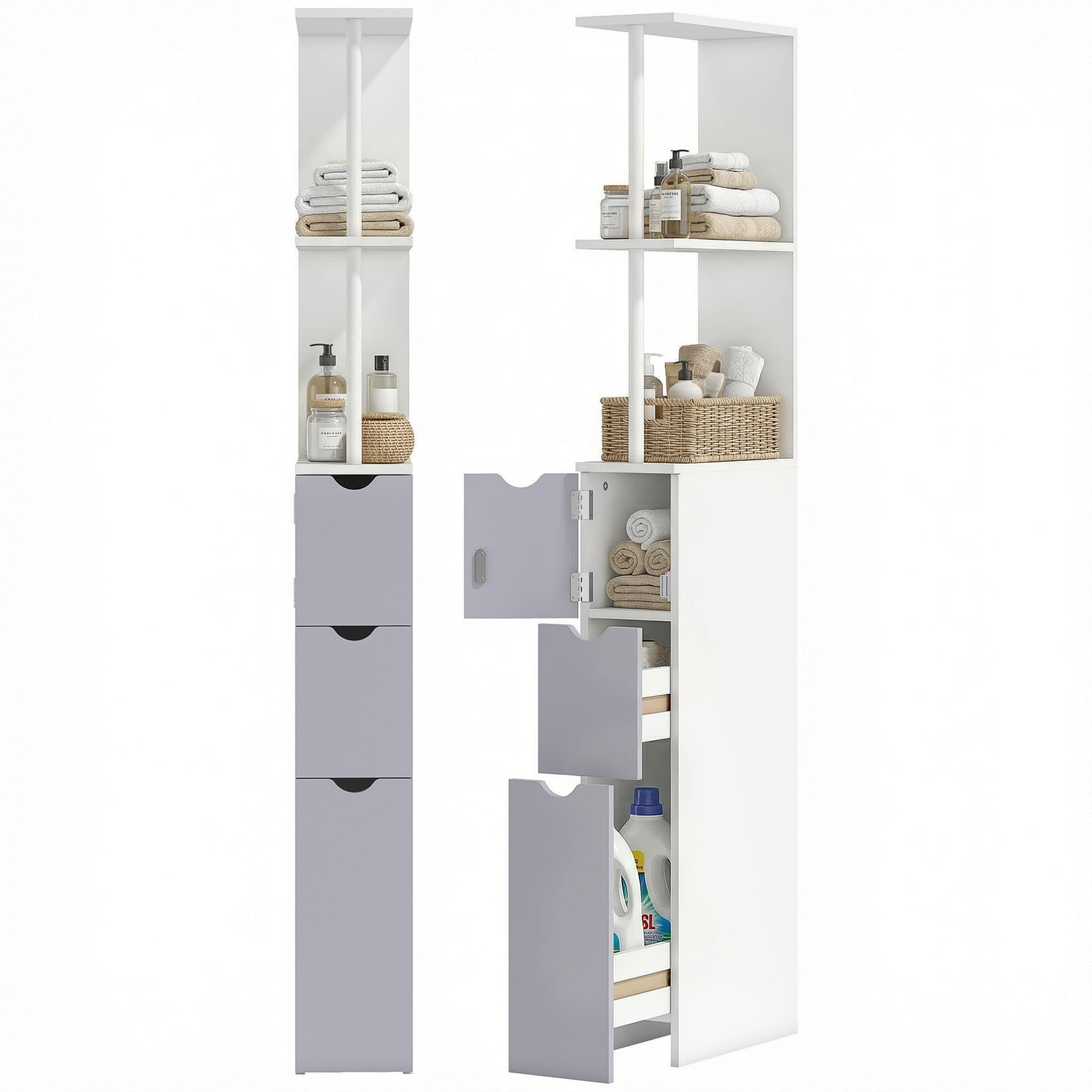 Homcom Meuble WC Etagère Gain de Place pour Toilette 3 Niveaux 2 Tiroirs et Placard MDF Métal 15 x 33 x 136 cm Blanc Gris