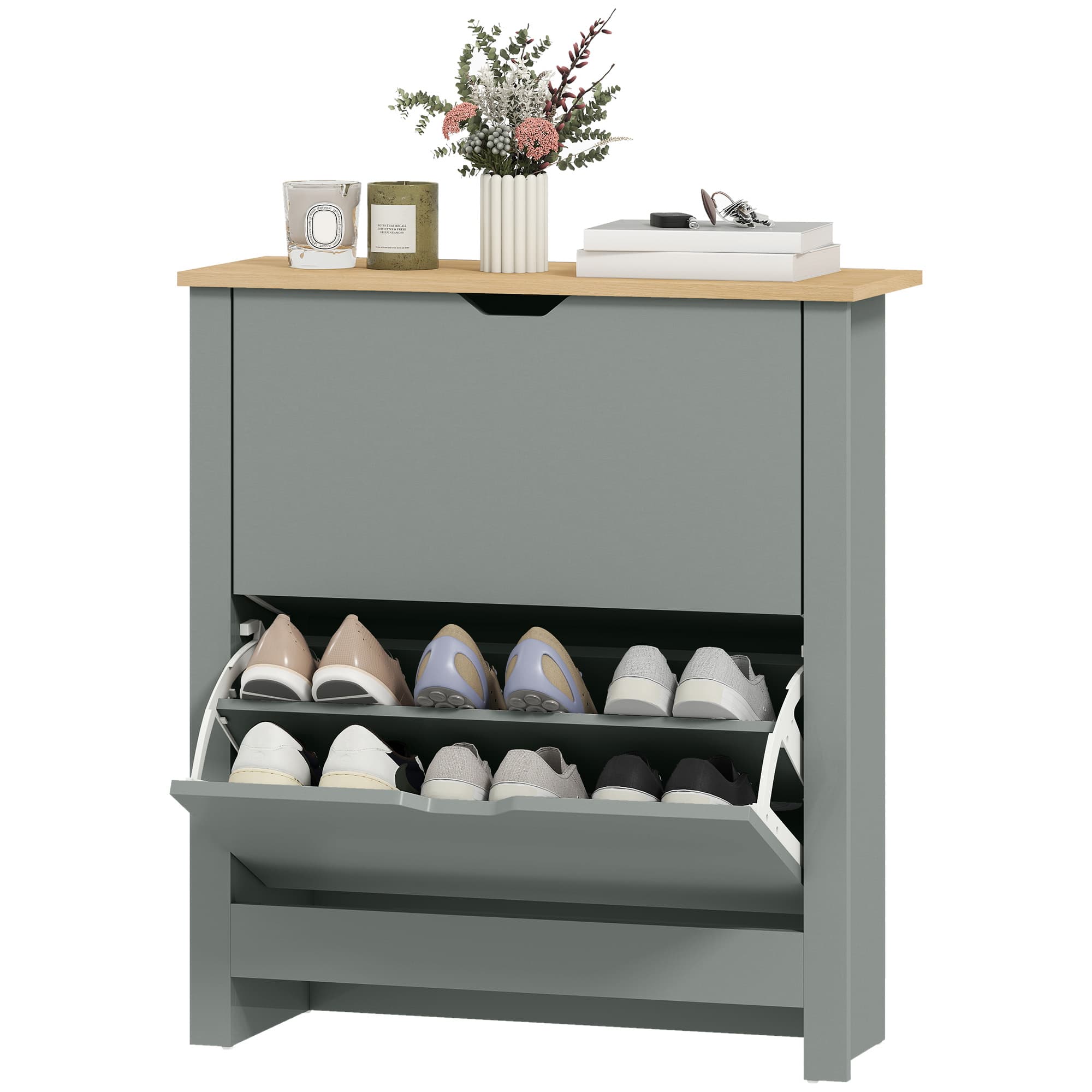 HOMCOM Meuble à chaussures avec 2 compartiments rabattables, cloison réglable pour 8-12 paires, 72 x 26 x 80 cm, Gris clair