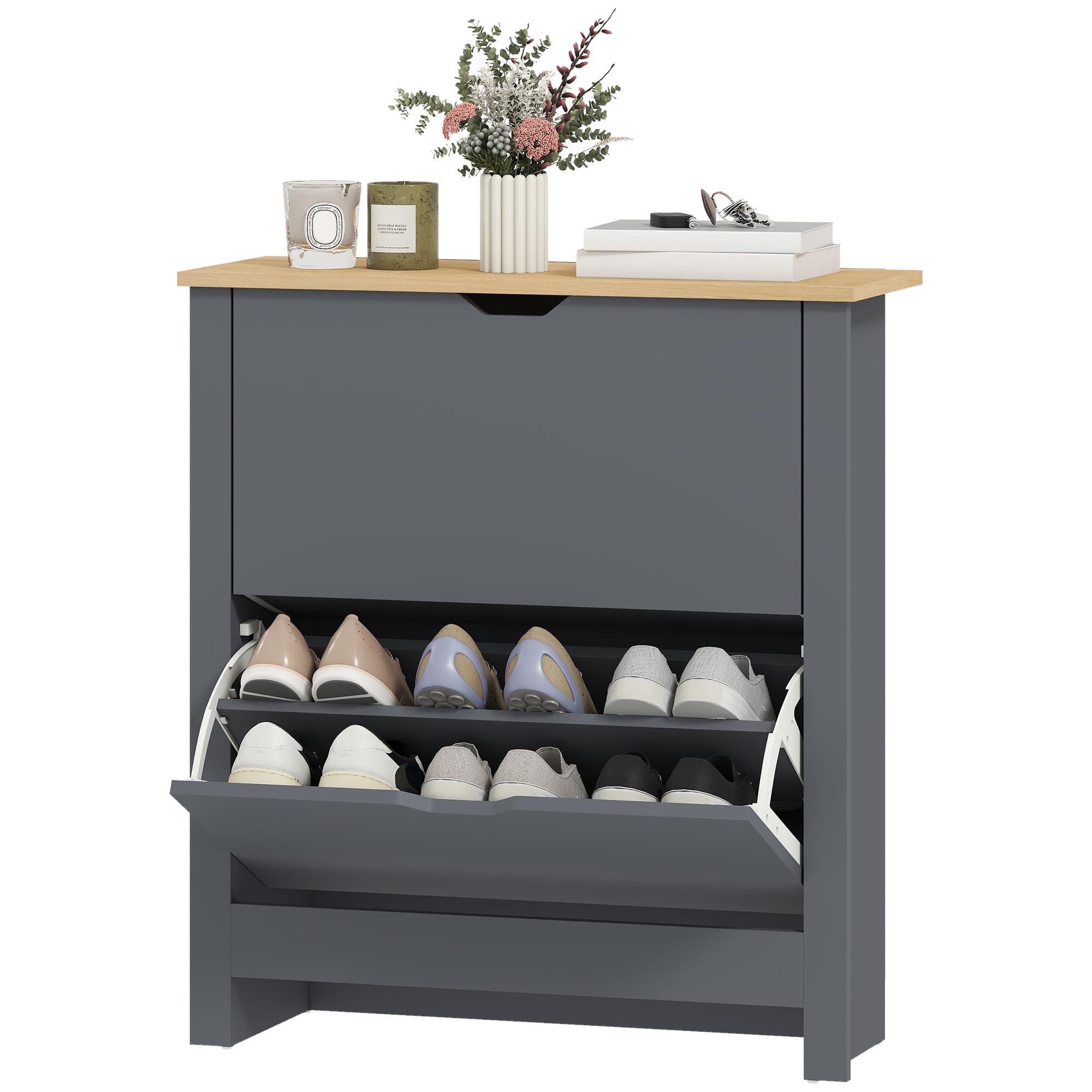 HOMCOM Armoire à chaussures à 2 compartiments rabattables, cloison réglable pour 8-12 paires, 72 x 26 x 80 cm, Gris foncé