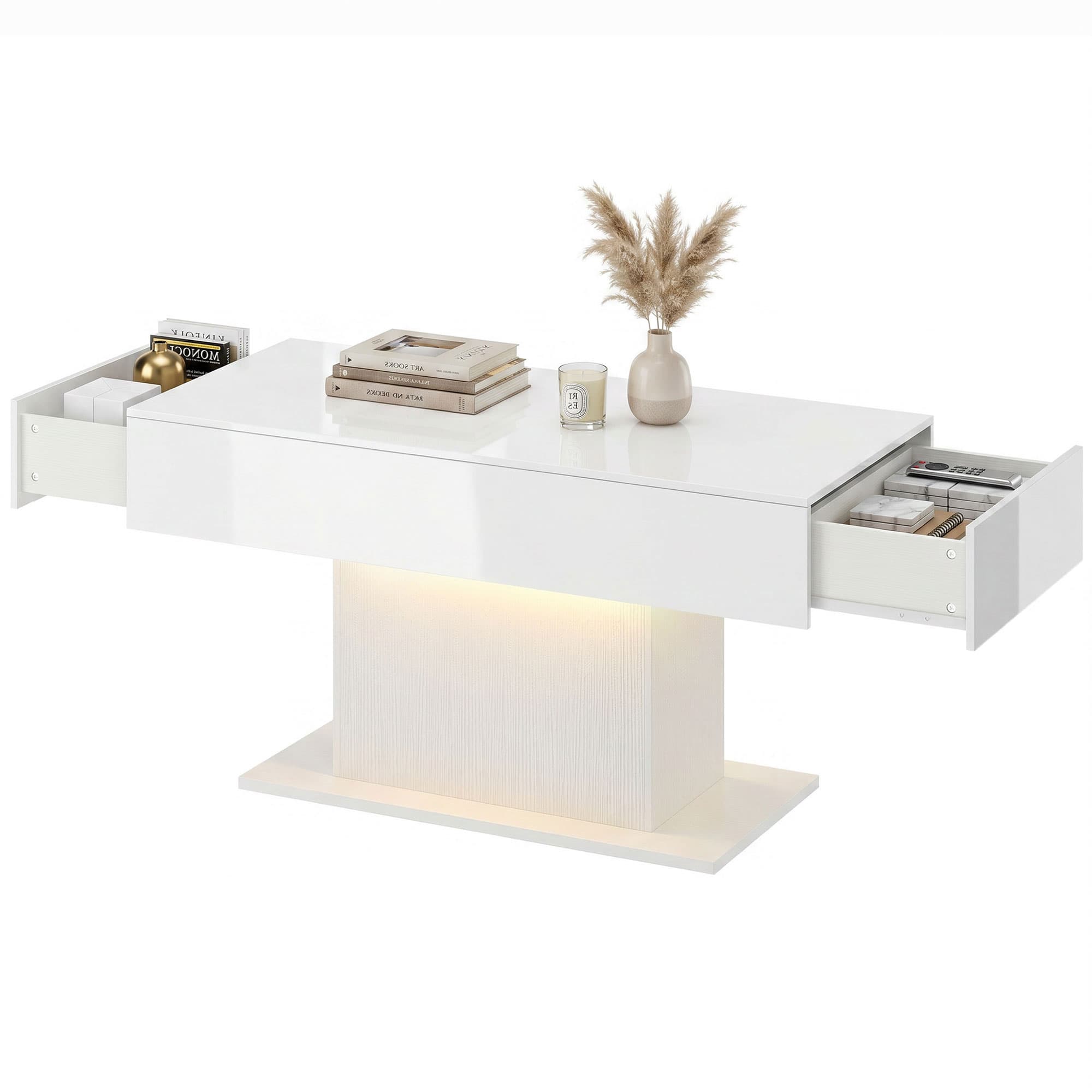HOMCOM Table basse LED avec rangement, laquée, moderne, 2 tiroirs & télécommande, blanc