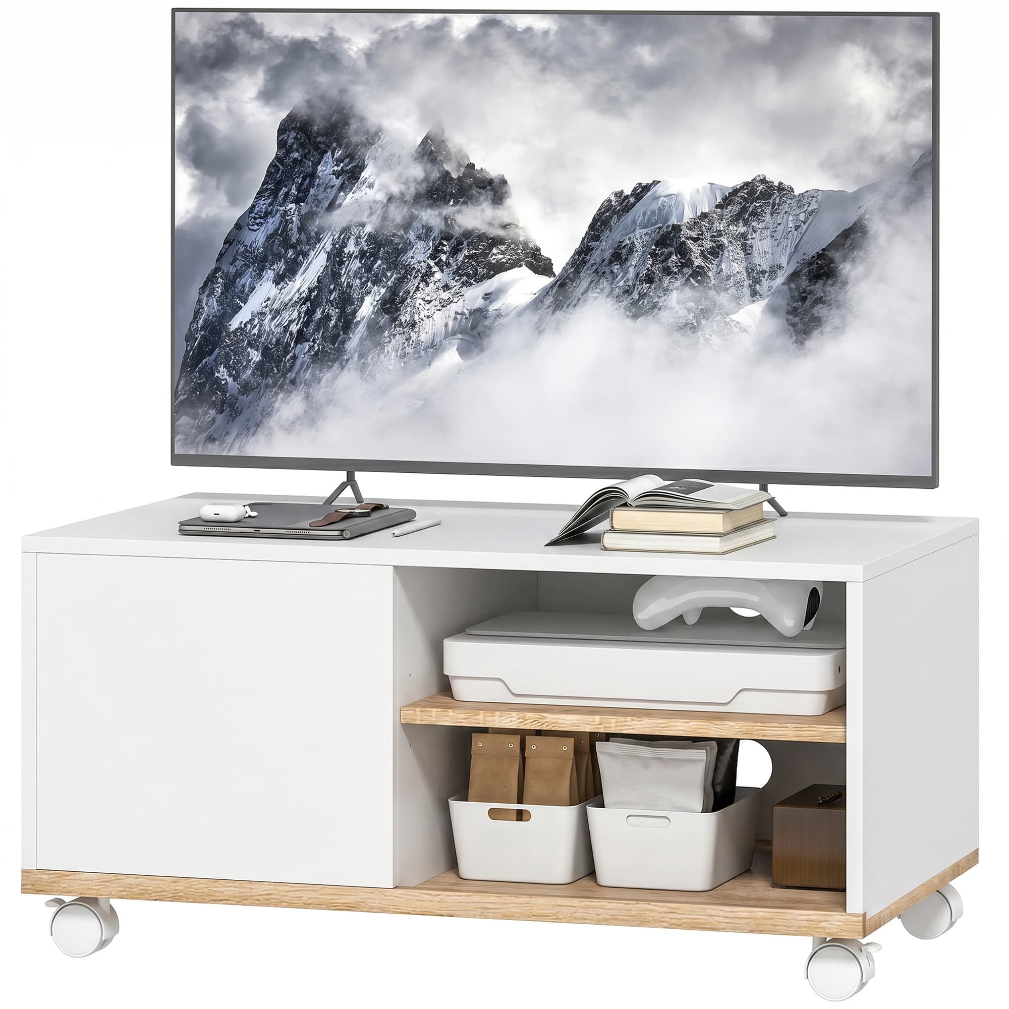 HOMCOM Meuble TV sur roulettes avec freins, meuble TV avec armoire et étagère réglable, blanc et chêne