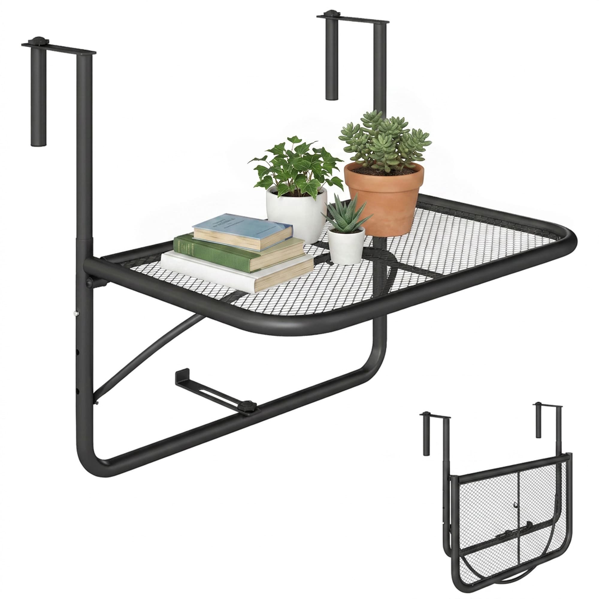 Outsunny Table suspendue pour balcon dim. 56,5L x 60l cm hauteur réglable 3 niveaux métal époxy noir