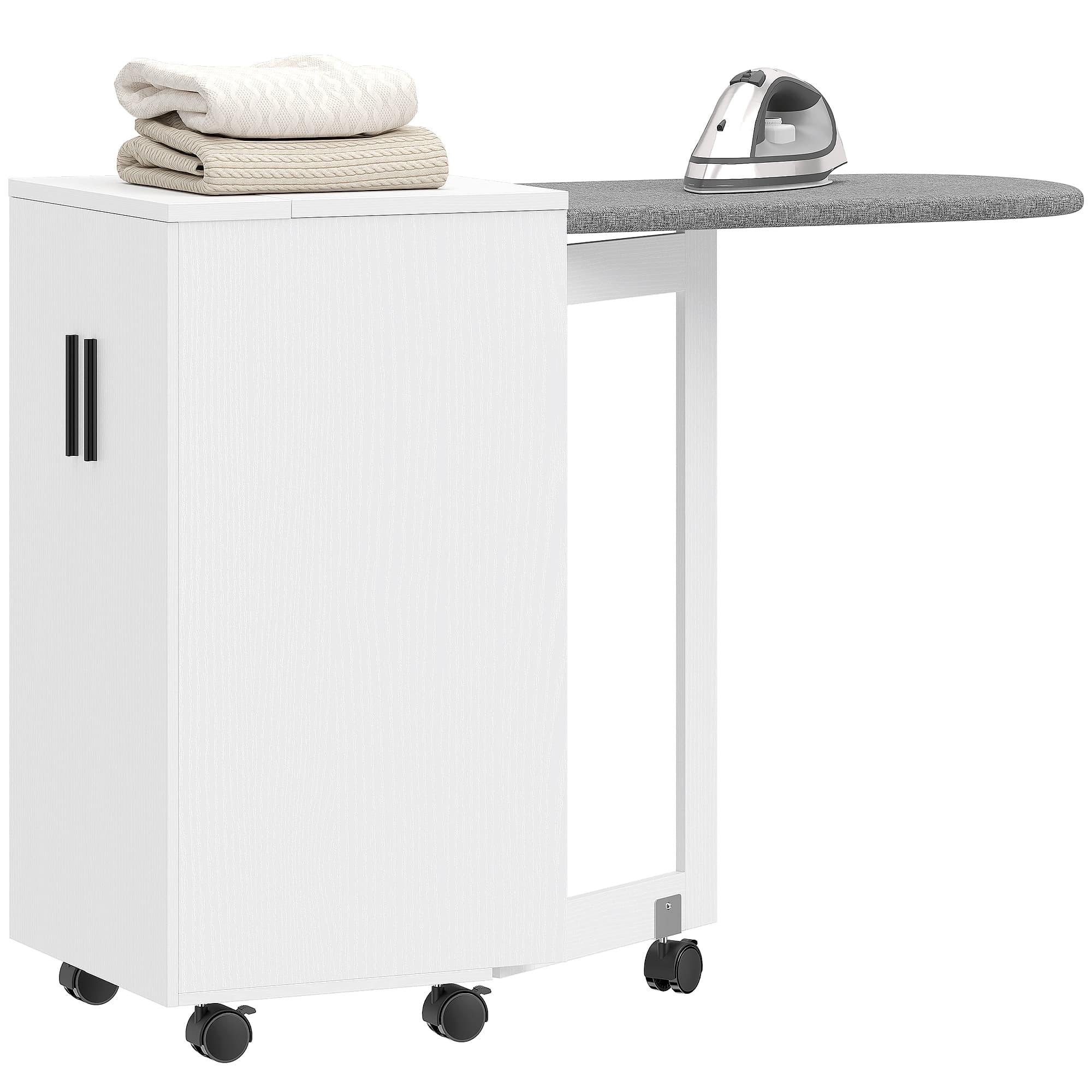 HOMCOM Meuble à repasser 2 en 1, table à repasser pliante sur roulettes avec étagère réglable et charnières, blanc