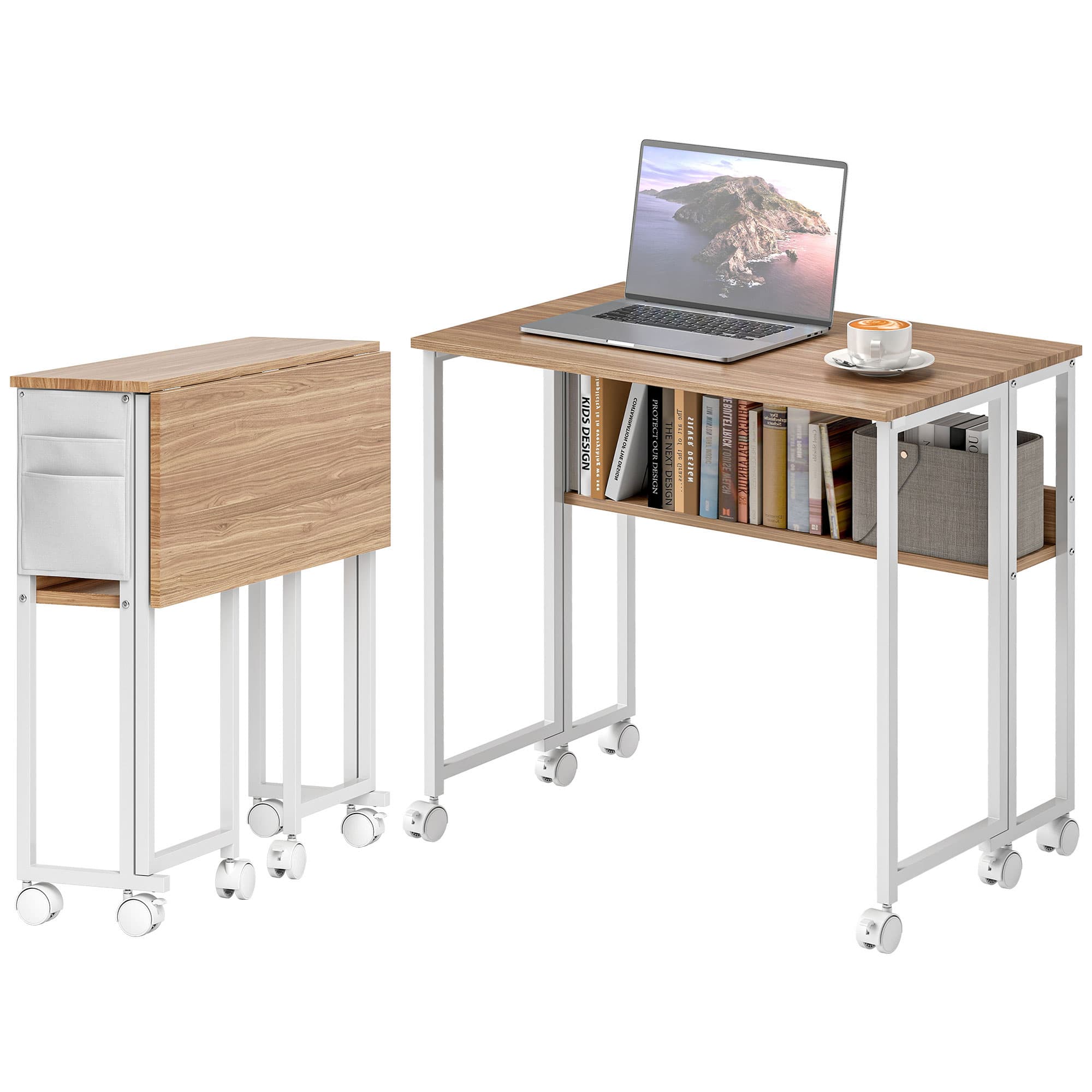 HOMCOM Bureau pliable, convertible en table d'appoint, étagère ouverte, bois naturel