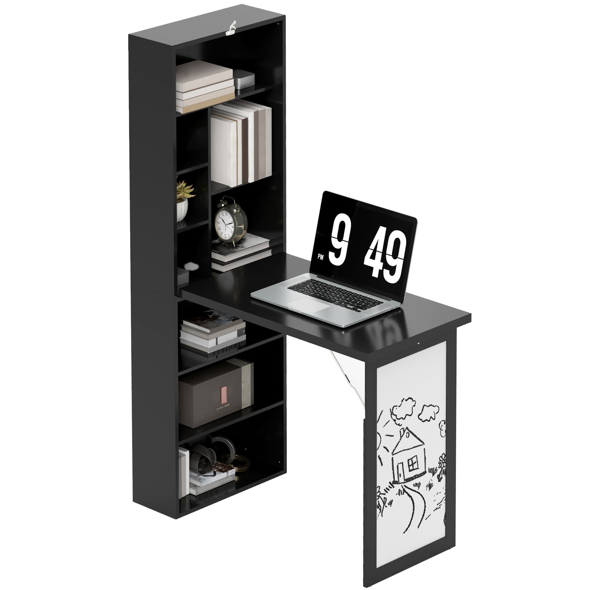 HOMCOM Bureau Moderne Pliable avec Bibliothèque et Tableau, en Bois et Métal, 98x51x153 cm, Noir