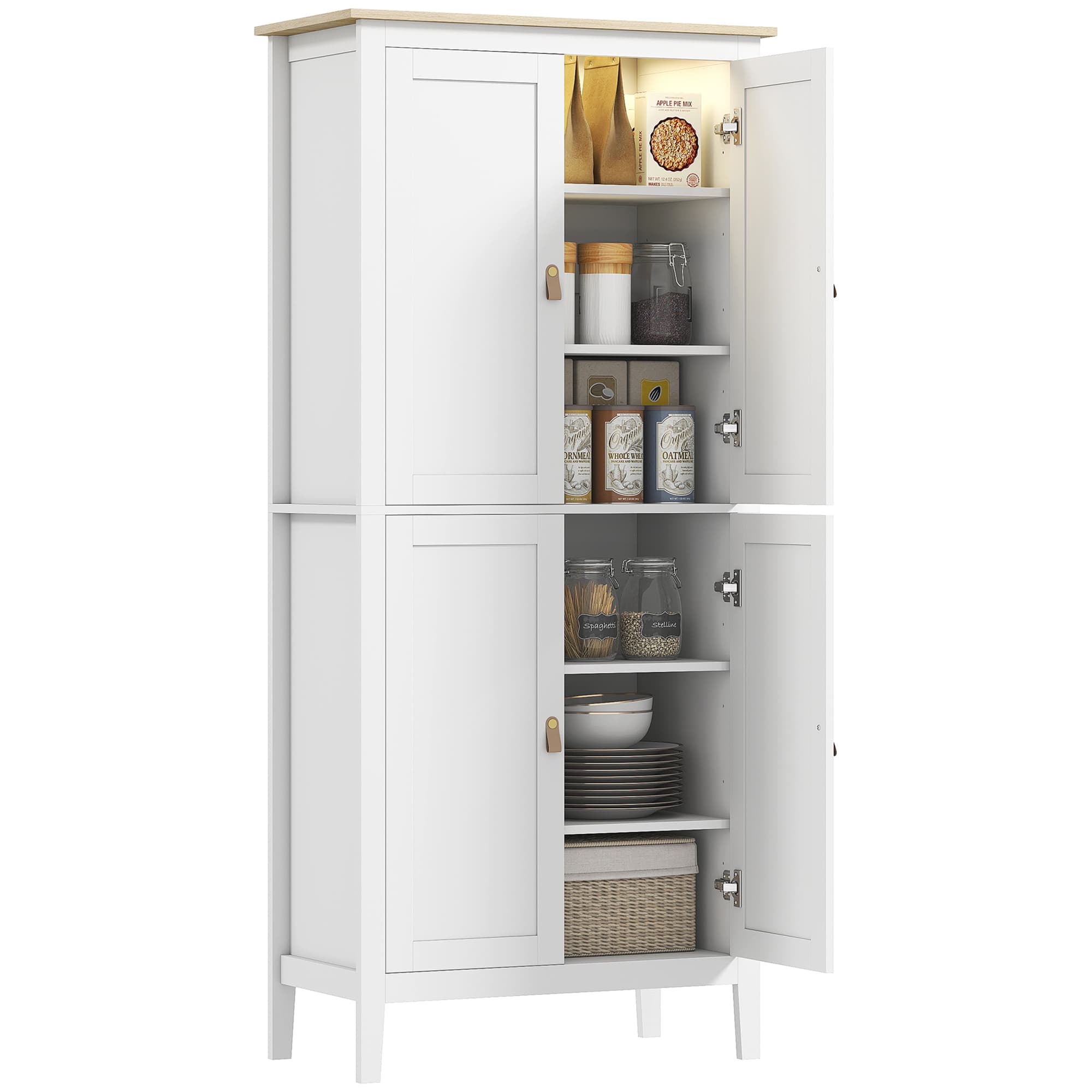 HOMCOM Buffet cuisine, meuble cuisine rangement haut avec LED réglable et détecteur de mouvement, 80 x 40 x 176,5 cm, blanc