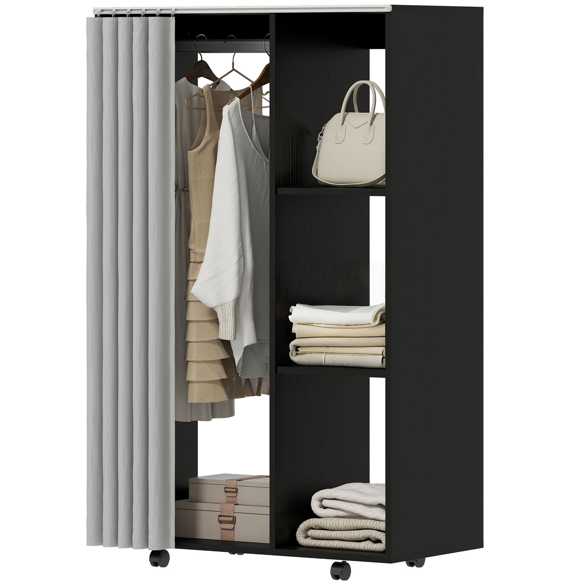 HOMCOM Armoire penderie vêtement dressing mobile 4 roulettes tringle à vêtements et étagères ouvertes 80 x 40 x 128 cm noir