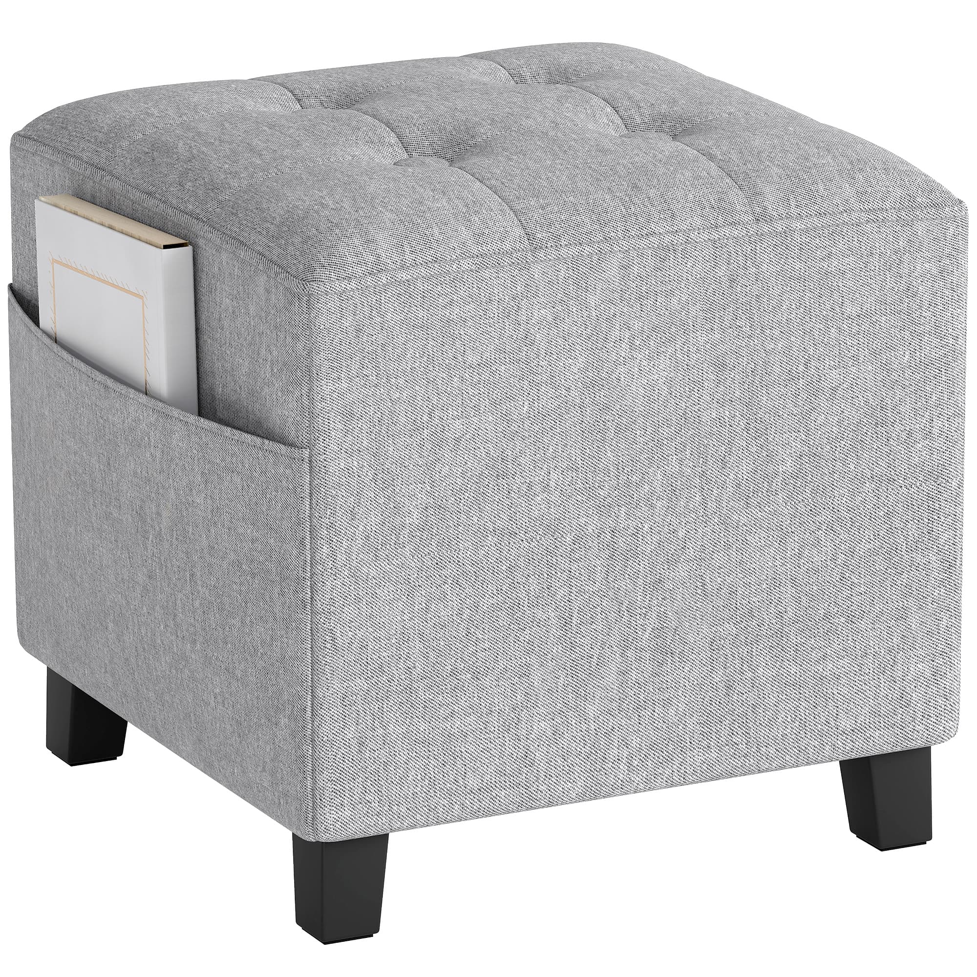 HOMCOM Pouf carré, petit pouf avec poche latérale, repose-pieds en tissu aspect lin avec pieds en bois d'hévéa, Gris clair