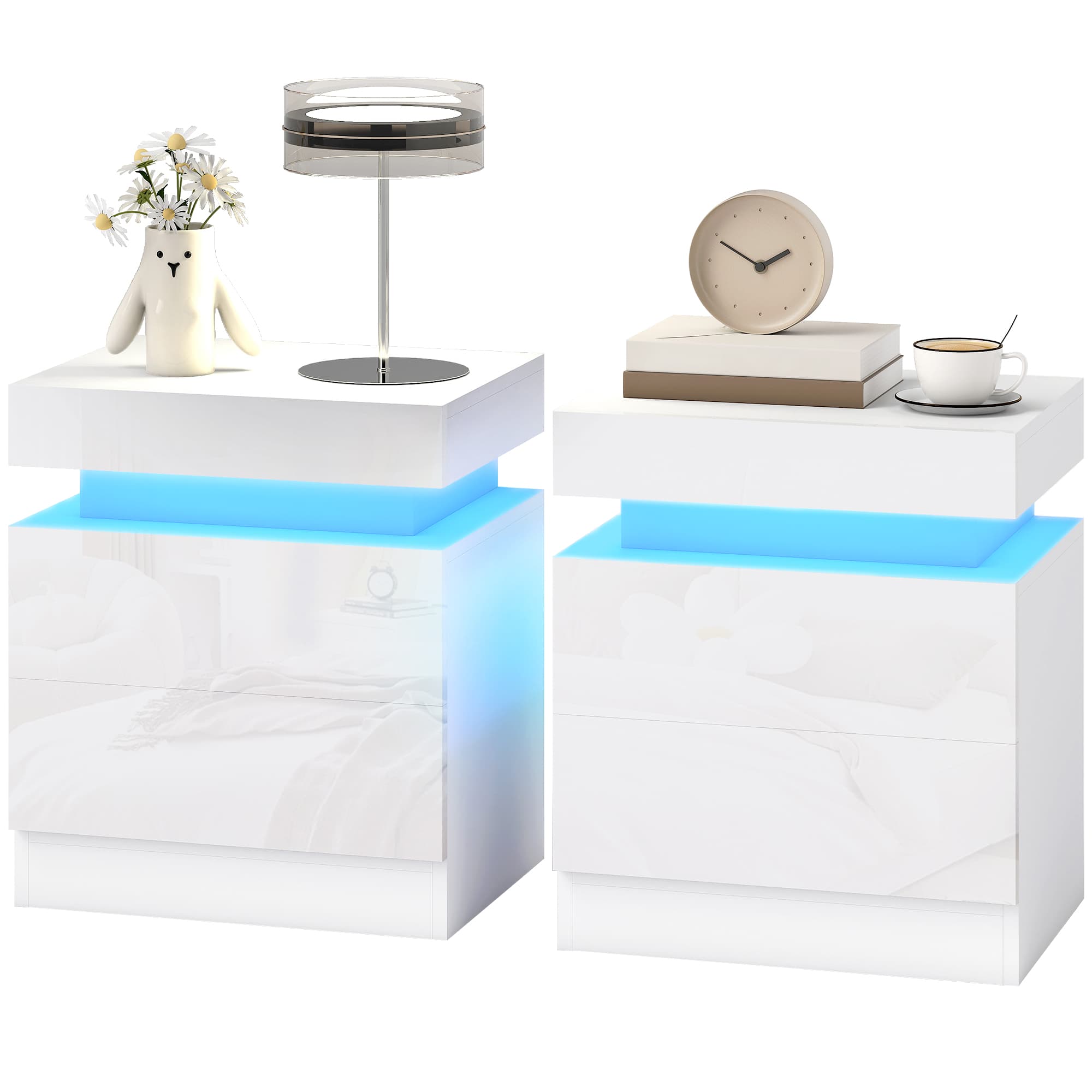 HOMCOM Lot de 2 Tables de Chevet LED 16 Couleurs & 4 Modes avec 2 Tiroirs, en Bois, 45x35x52 cm, Blanc Laqué