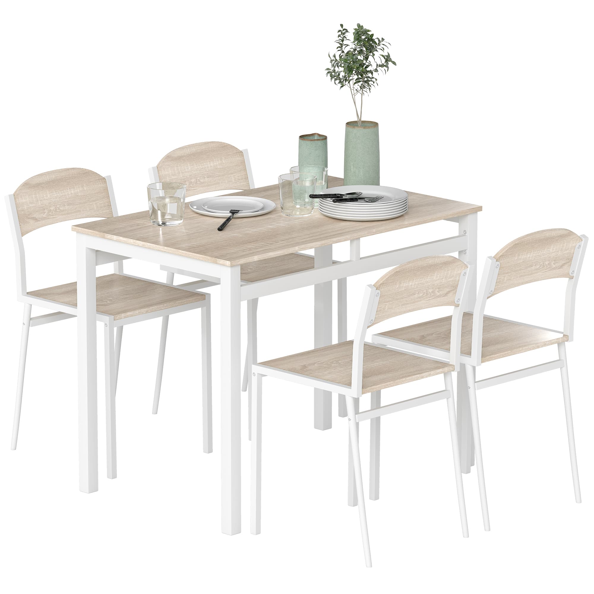 HOMCOM Ensemble table à manger 5 pièces avec 4 chaises cuisine salle à manger salon plateau MDF coloris bois de chêne châssis métal blanc