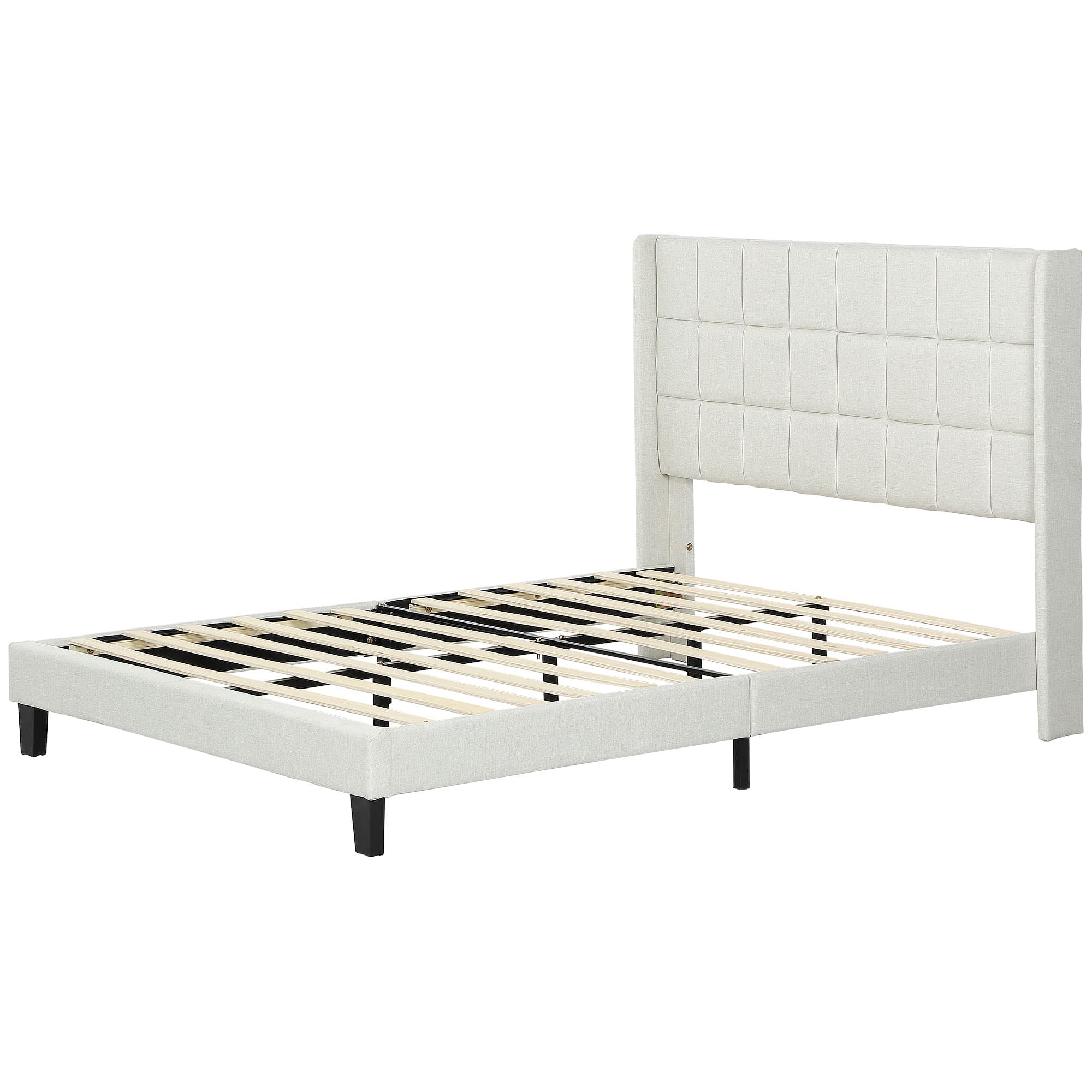 HOMCOM Lit 135x190 cm tapissé avec rangement sous le lit et tête de lit capitonnée à oreilles beige