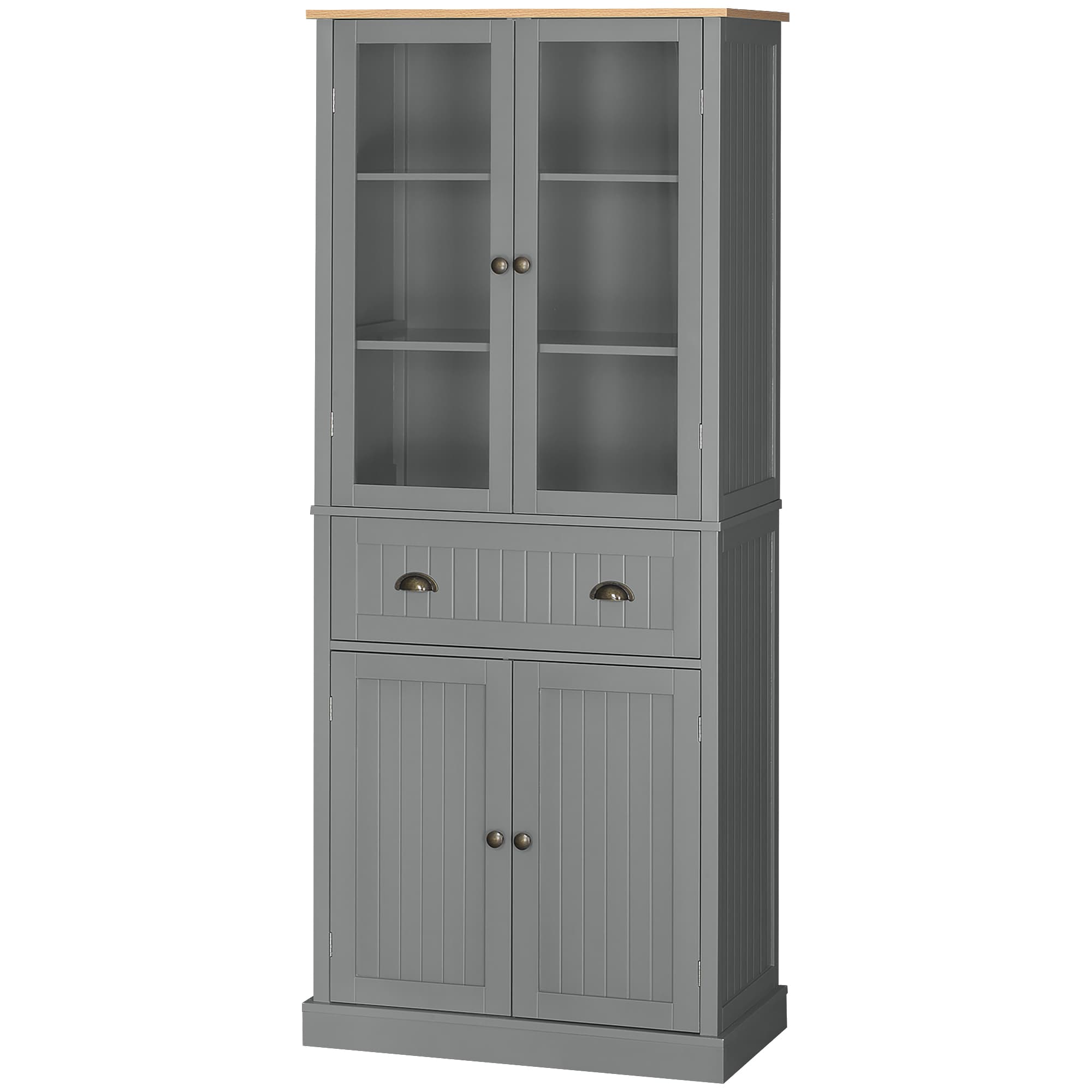 HOMCOM Buffet meuble cuisine rangement armoire de cuisine 4 portes dont 2 portes vitrées et 1 tiroir étagères réglables - gris