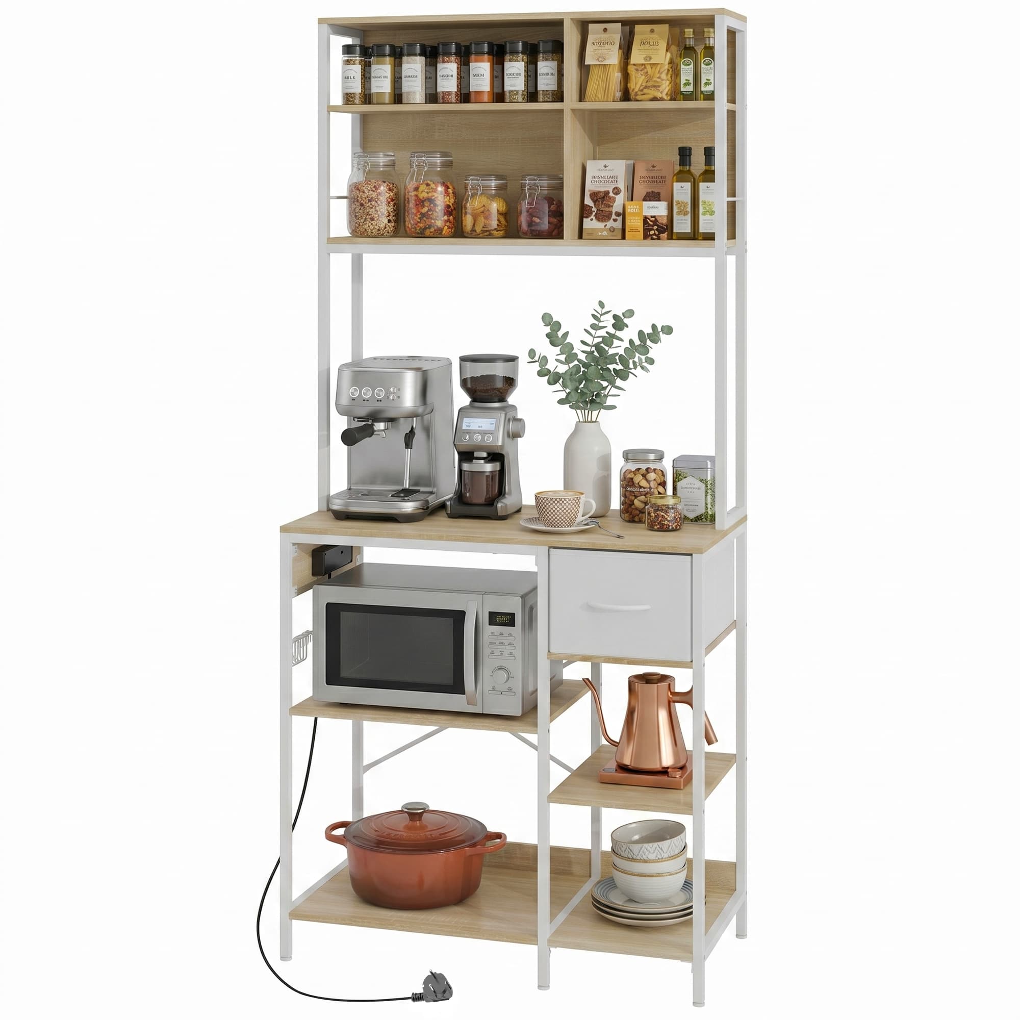 HOMCOM Étagère de Cuisine Support pour Micro-ondes avec Étagères et 6 Crochets pour Petits Espaces 80x40x181 cm Chêne