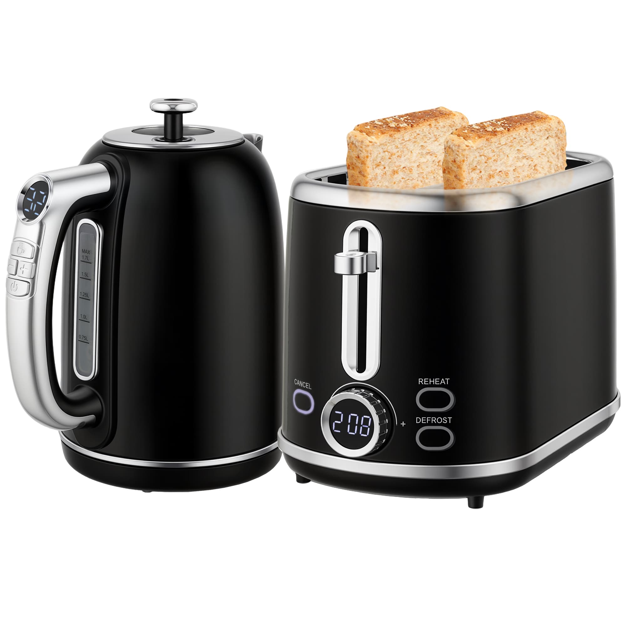 HOMCOM Ensemble bouilloire et grille-pain, bouilloire en acier inoxydable 1,7 L et 2200 W et grille-pain à 2 tranches, noir
