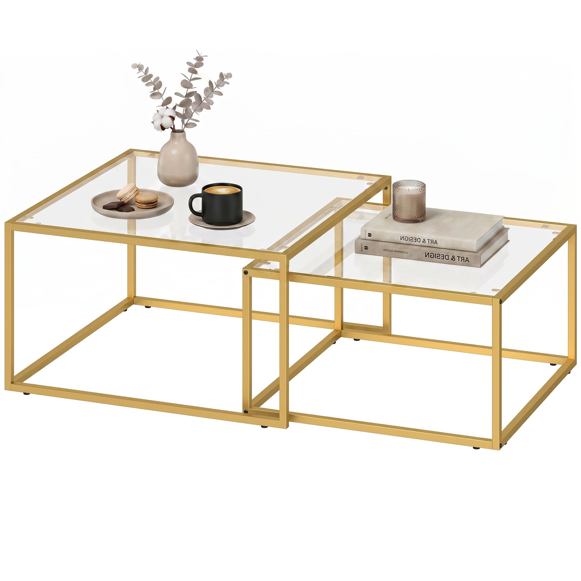 HOMCOM 2 tables basses carrées tables gigognes modernes avec plateau en verre trempé et structure métallique 75x75x42 cm Doré