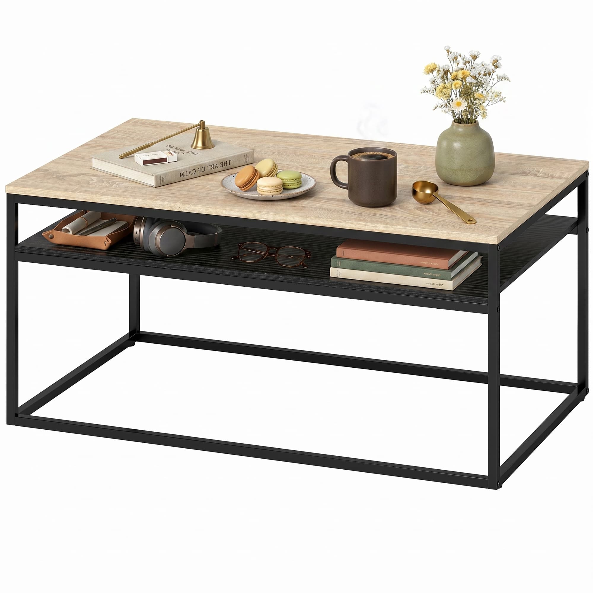 HOMCOM Table basse avec étagère, style industriel moderne, 2 étagères & pieds réglables, Eiche
