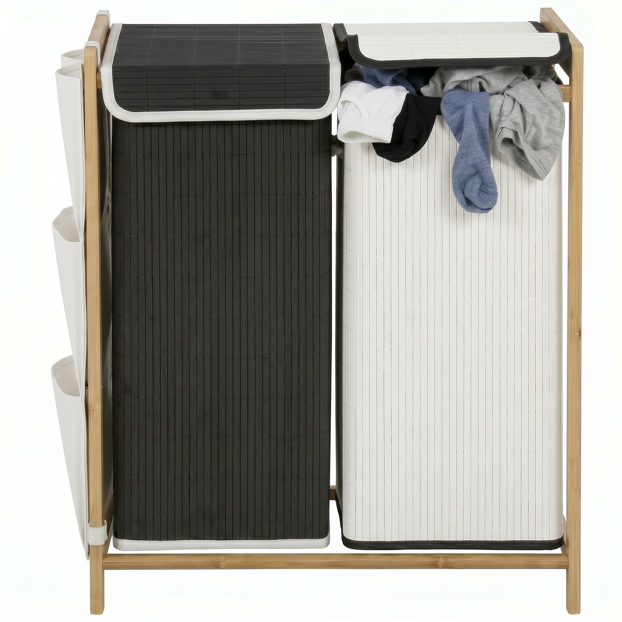 HOMCOM Panier à linge avec couvercle 120 L en bambou avec 2 compartiments sacs à cordon poches latérales Blanc et Noir