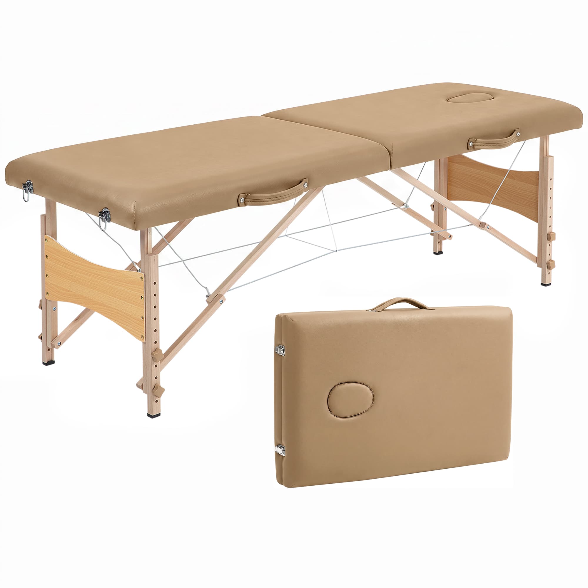 HOMCOM Table de massage pliante avec cadre en bois, hauteur réglable et housse de transport 186x60x61-87 cm Marron
