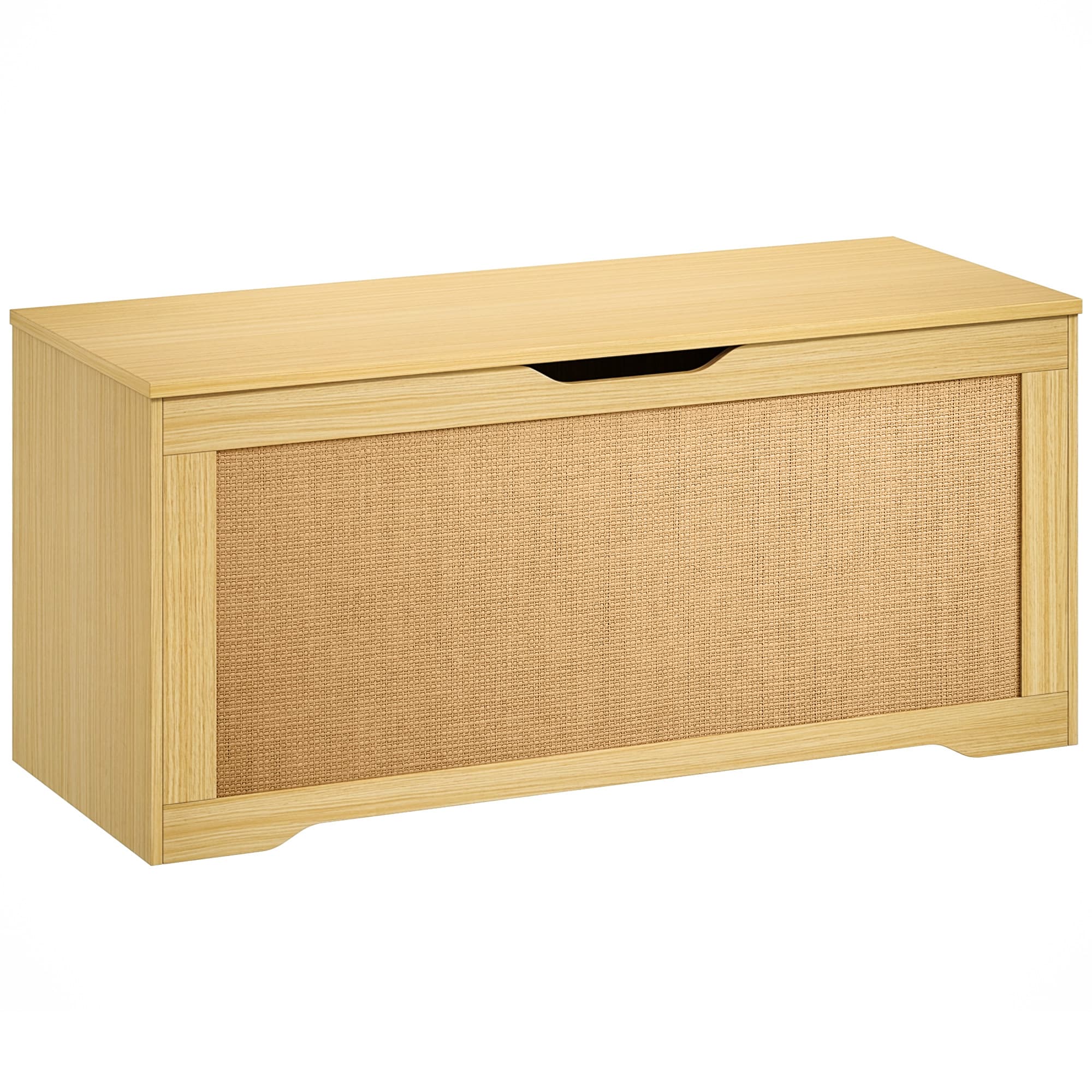 HOMCOM Coffre de Rangement 108L Banc de Rangement avec Panneau en Rotin Couvercle Bras de Support pour Entrée 80x40x45cm Chêne
