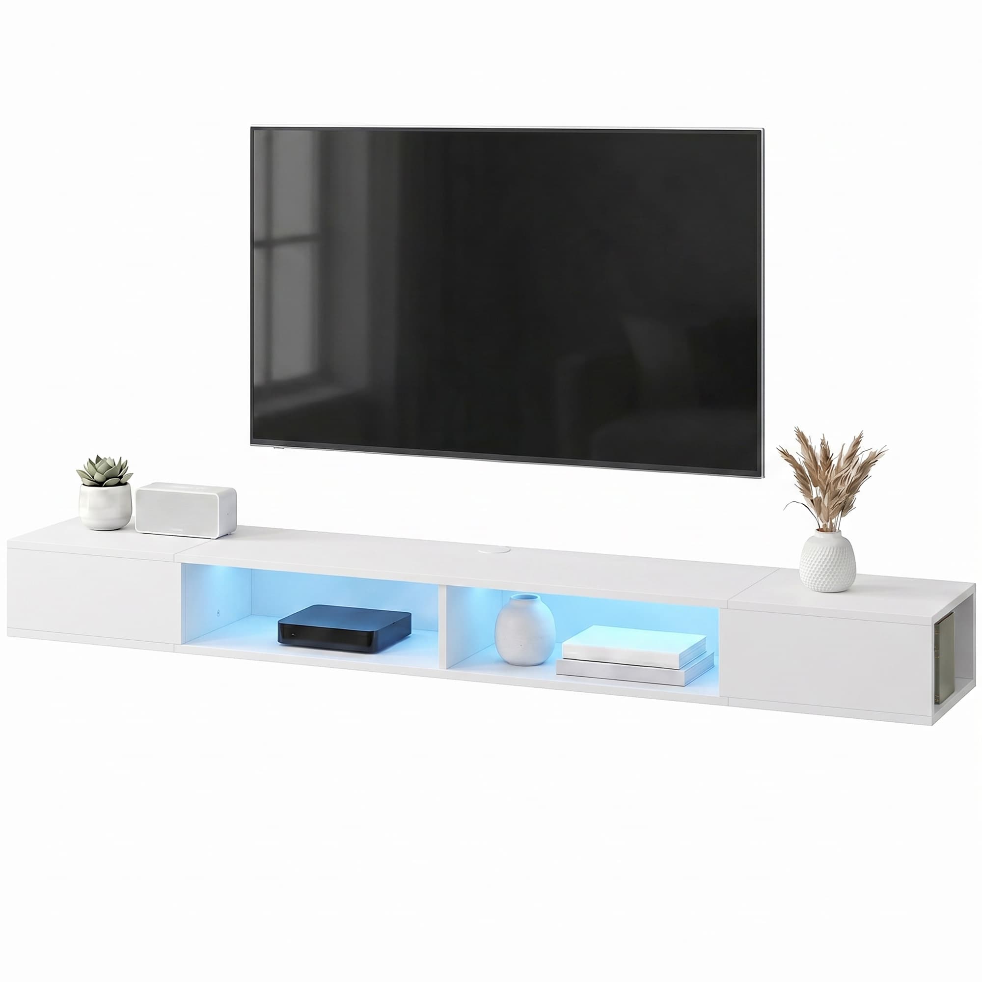 HOMCOM Meuble TV suspendu avec lumières LED et étagères ouvertes pour téléviseur 190,5 cm 177,8x30x18 cm Blanc