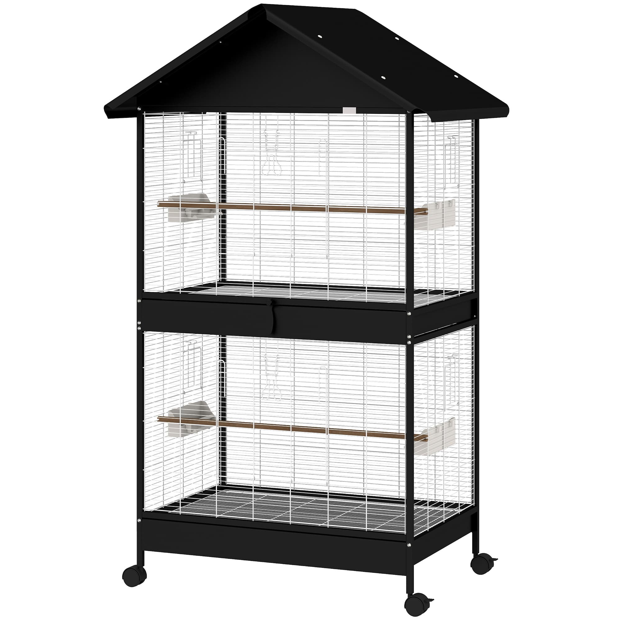 PawHut Grande volière Cage pour oiseaux avec cloison amovible 2 portes 4 perchoirs roulettes 2 coupelles 6 distributeurs XXL