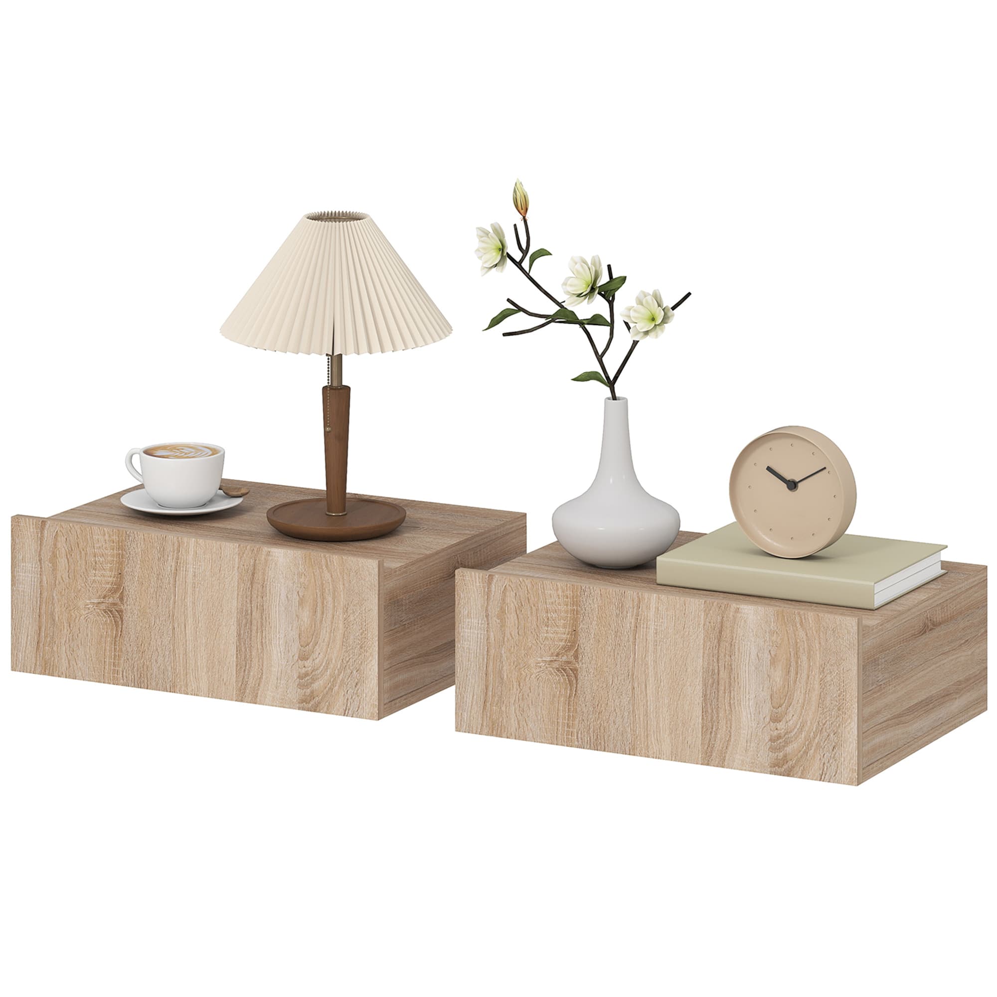 HOMCOM Lot de 2 tables de chevet murales, tables de nuit suspendues avec tiroir coulissant, 40 x 30 x 15 cm, chêne
