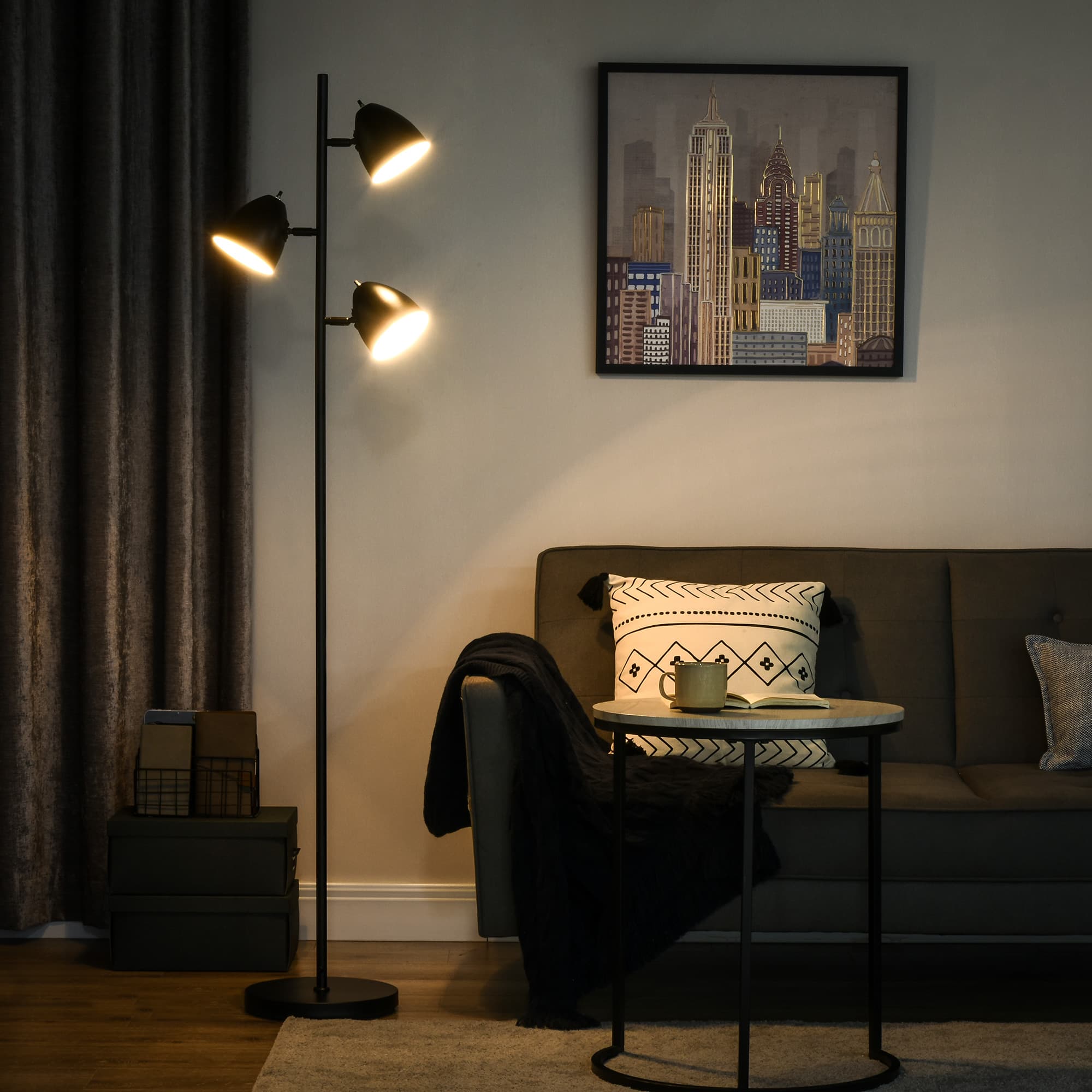 HOMCOM Lampadaire sur pied salon style industriel 3 abat-jours orientables en acier 38 x 28 x 169 cm noir