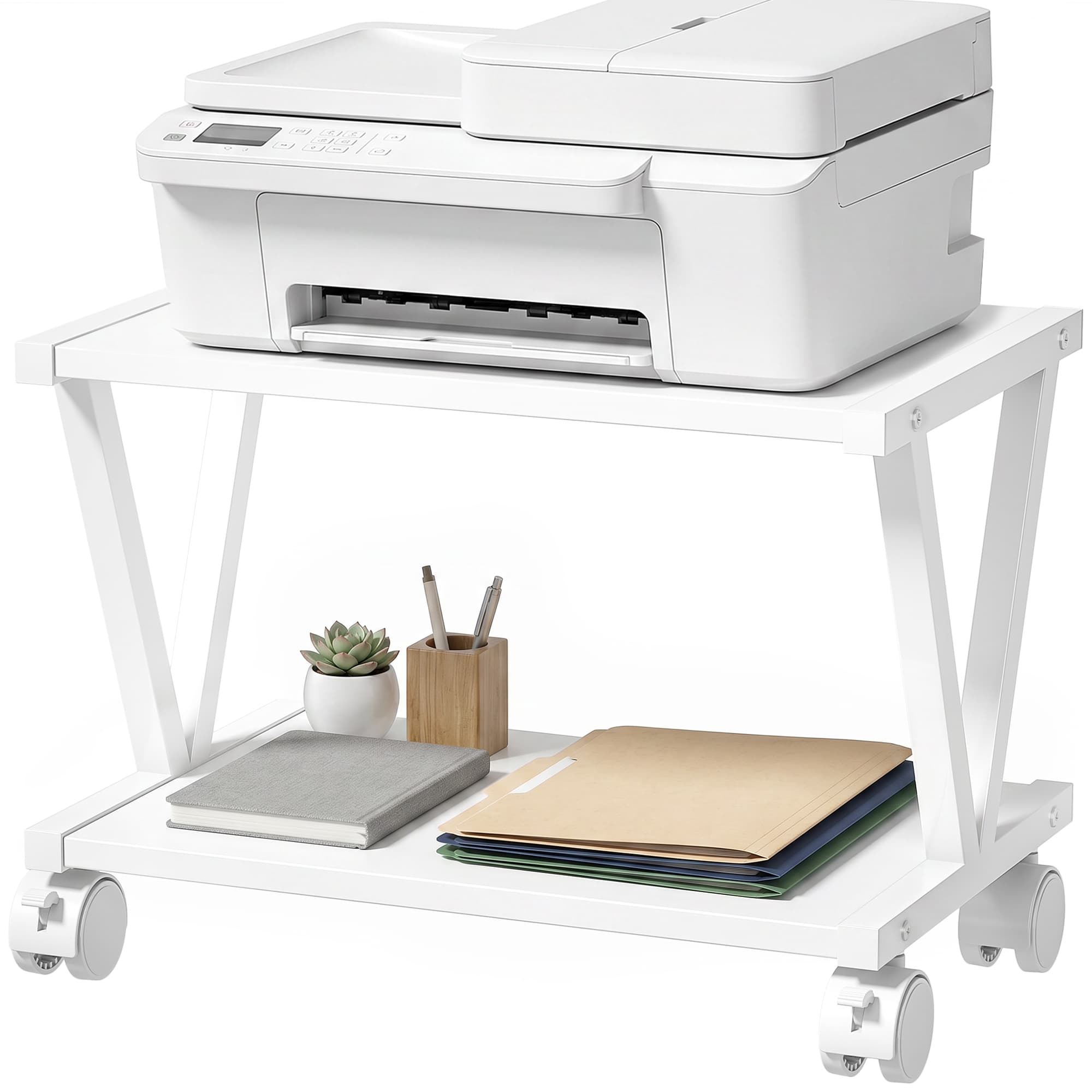 HOMCOM Support pour imprimante à 2 étagères pour bureau et maison, Blanc