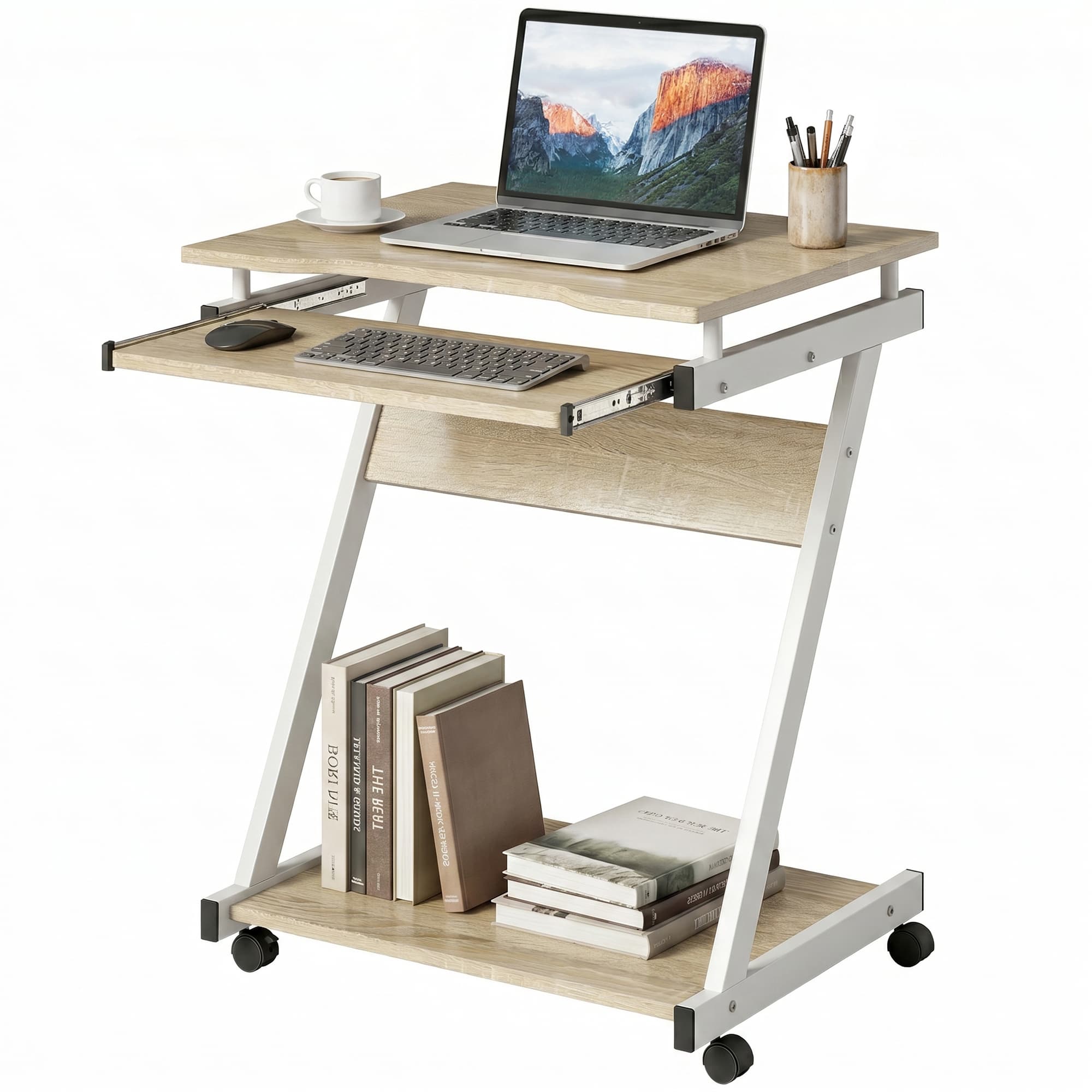 HOMCOM Bureau pour ordinateur à 4 roulettes, plateau clavier coulissant, couleur Chêne