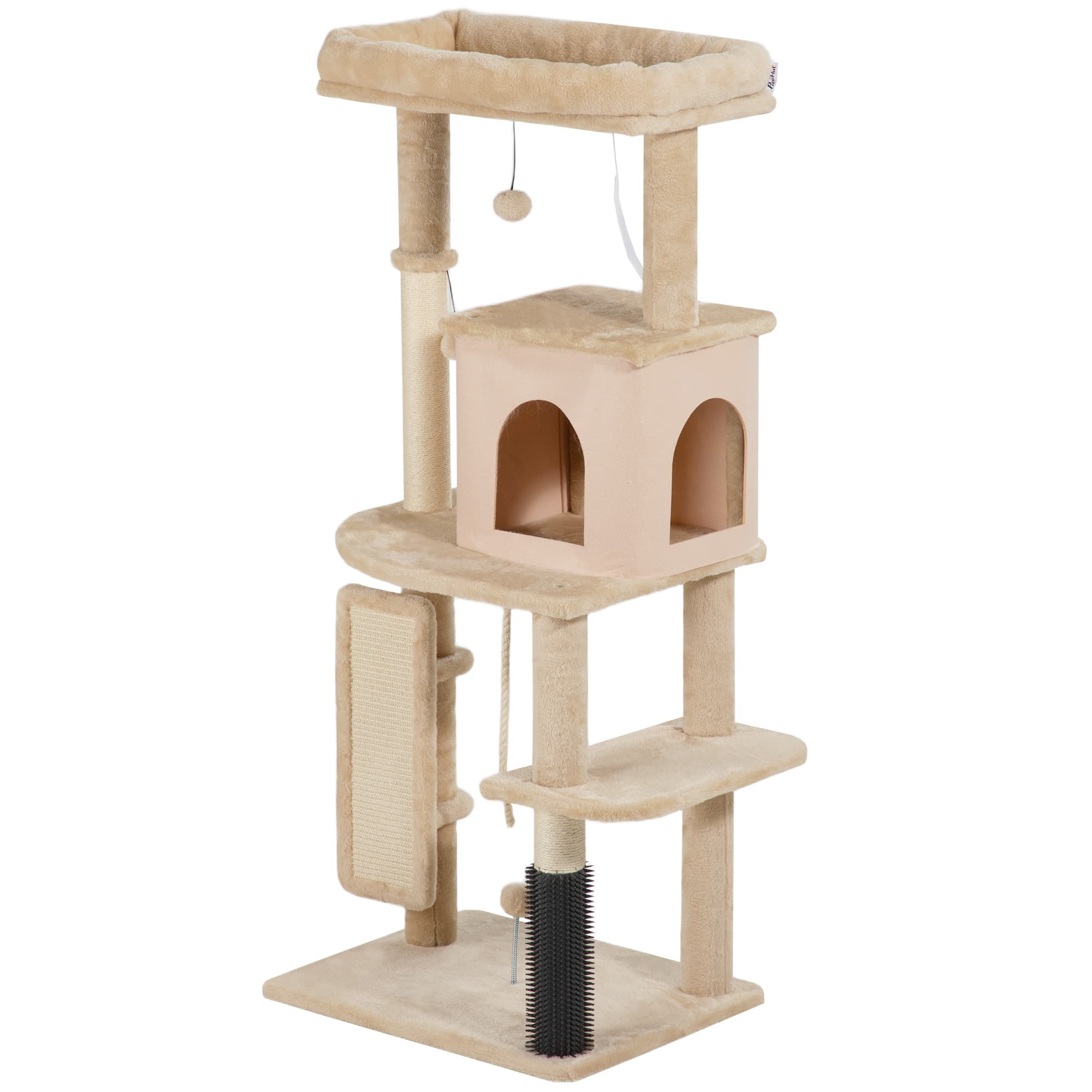 PawHut Arbre à chat, tour de jeux, hauteur de 132 cm, avec lit maison, brosse de toilettage, 55 x 44 x 132 cm, beige