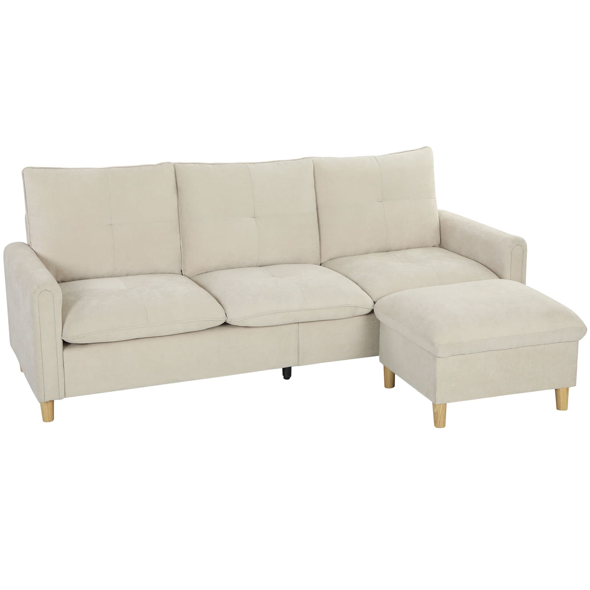 HOMCOM Canapé 3 places avec pouf de rangement, canapé d'angle modulable 210 cm, assise large, tissu aspect lin, crème