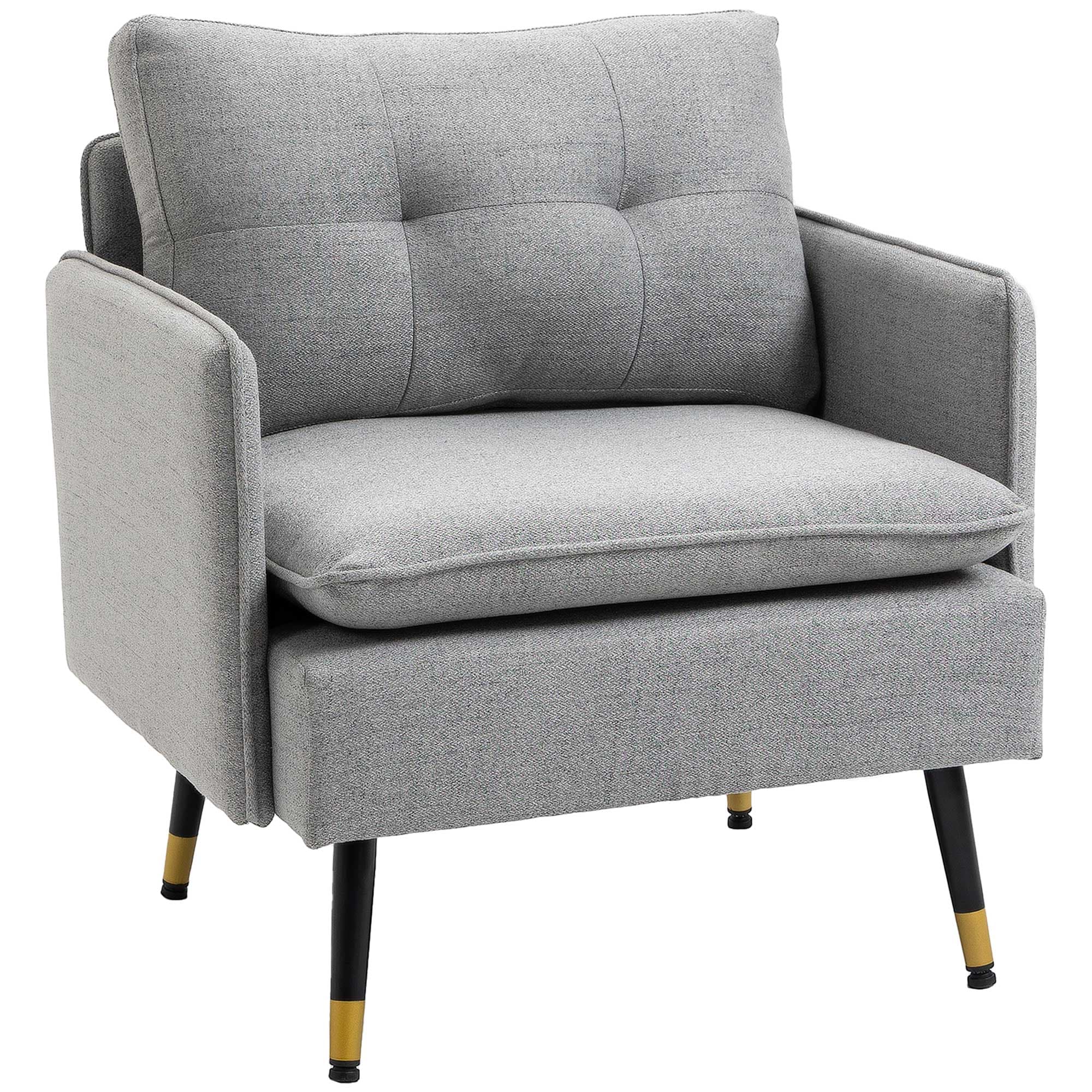 Homcom Fauteuil Scandinave Capitonné Passepoil Gris Clair Pieds Métal Noir Doré Aosom France