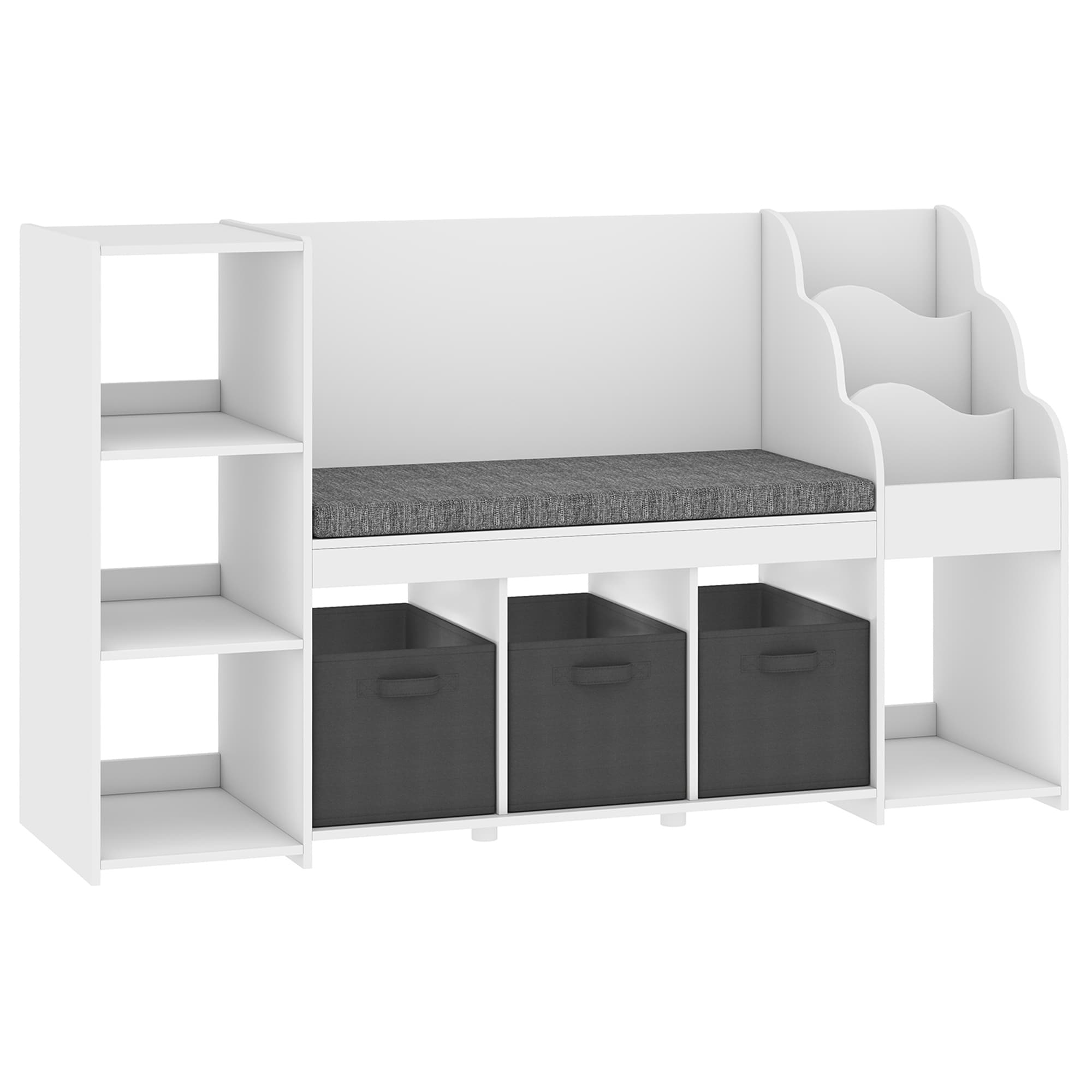 AIYAPLAY Étagère de rangement pour enfants 3-8 ans avec étagère à 3 niveaux, 3 tiroirs, 4 compartiments, coussin, Blanc