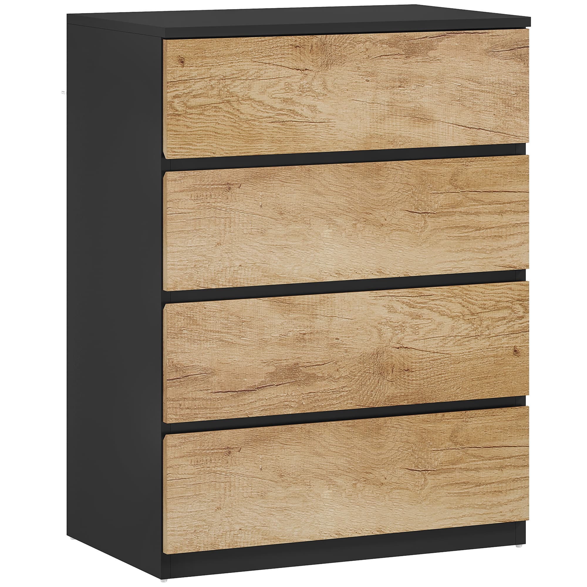 HOMCOM Commode 4 tiroirs en bois avec rails métalliques et poignées rainurées, 60x40x80 cm, Noir et Chêne