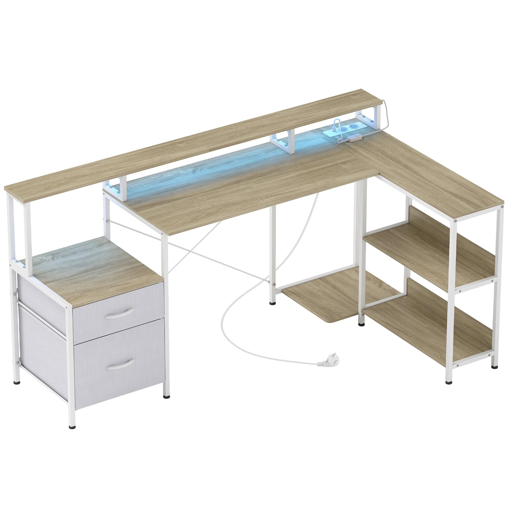 HOMCOM Bureau d'angle avec prises et lumières LED RGB, bureau d'ordinateur, 172 x 100 cm, support d'écran, 2 tiroirs, blanc