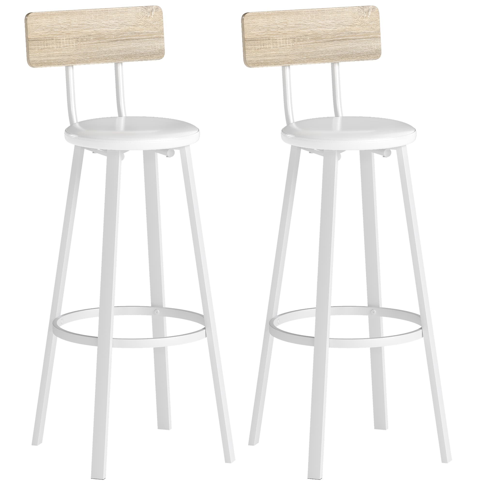 HOMCOM Lot de 2 tabourets de bar, chaises de bar, assise rembourrée 75,5H cm, dossier et repose-pieds, bois naturel et blanc