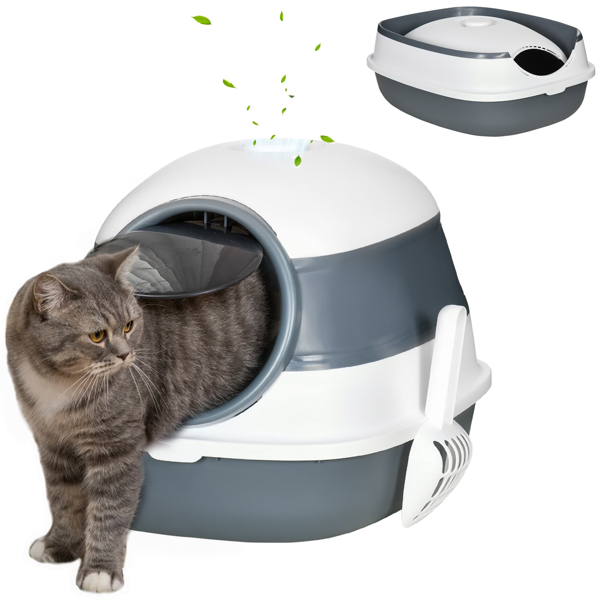 PawHut Maison de Toilette Pliable pour Chat avec Porte Battante, Lucarne et Pelle Gris et Blanc Aosom France