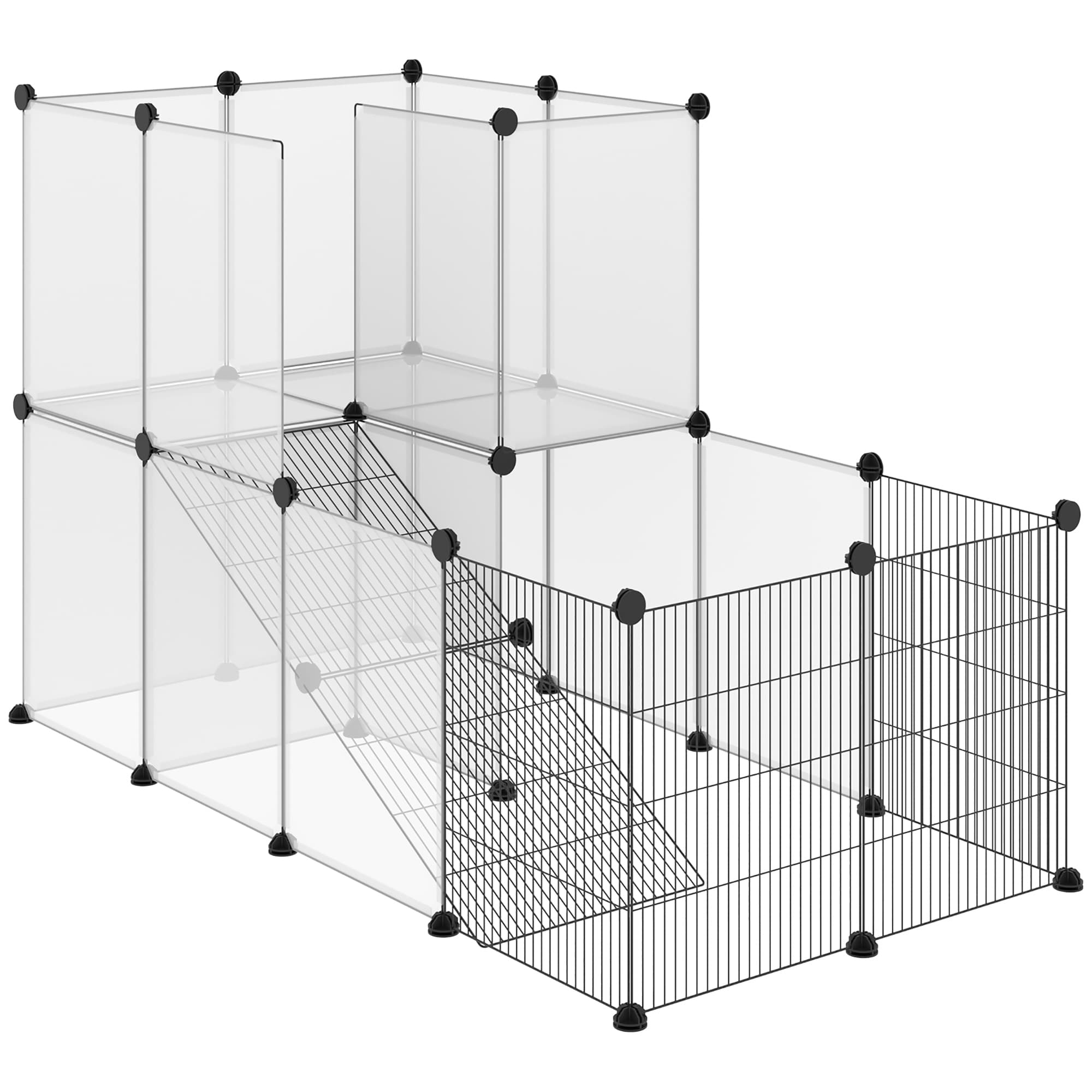 PawHut Enclos lapin interieur, 2 niveaux, parc modulable pour petits animaux, 27pcs, 140 x 70 x 90 cm, noir