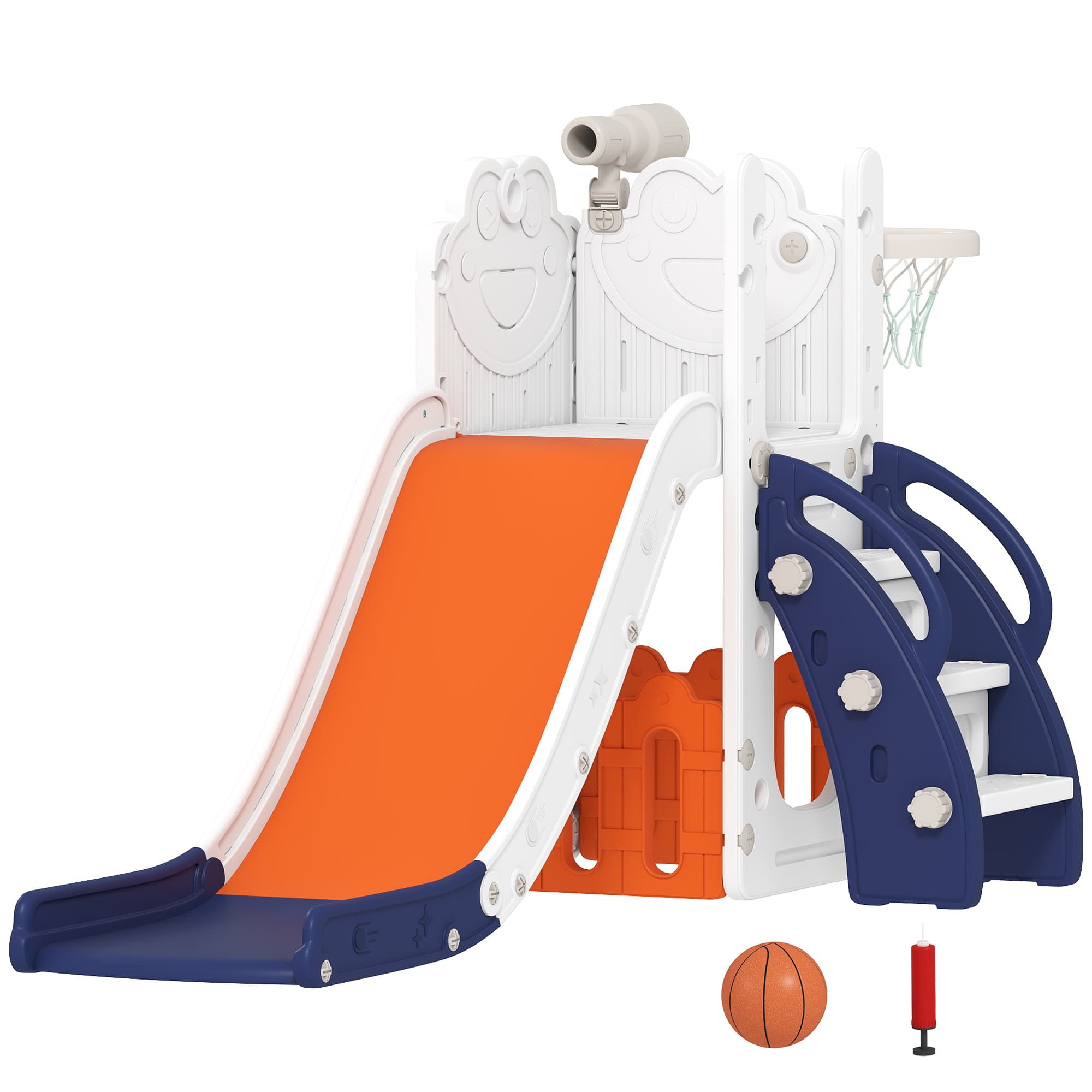 AIYAPLAY Set Toboggan 5 en 1 pour Enfants avec Panier, Échelle, Télescope et Bacs, 1-3 ans, Bleu foncé