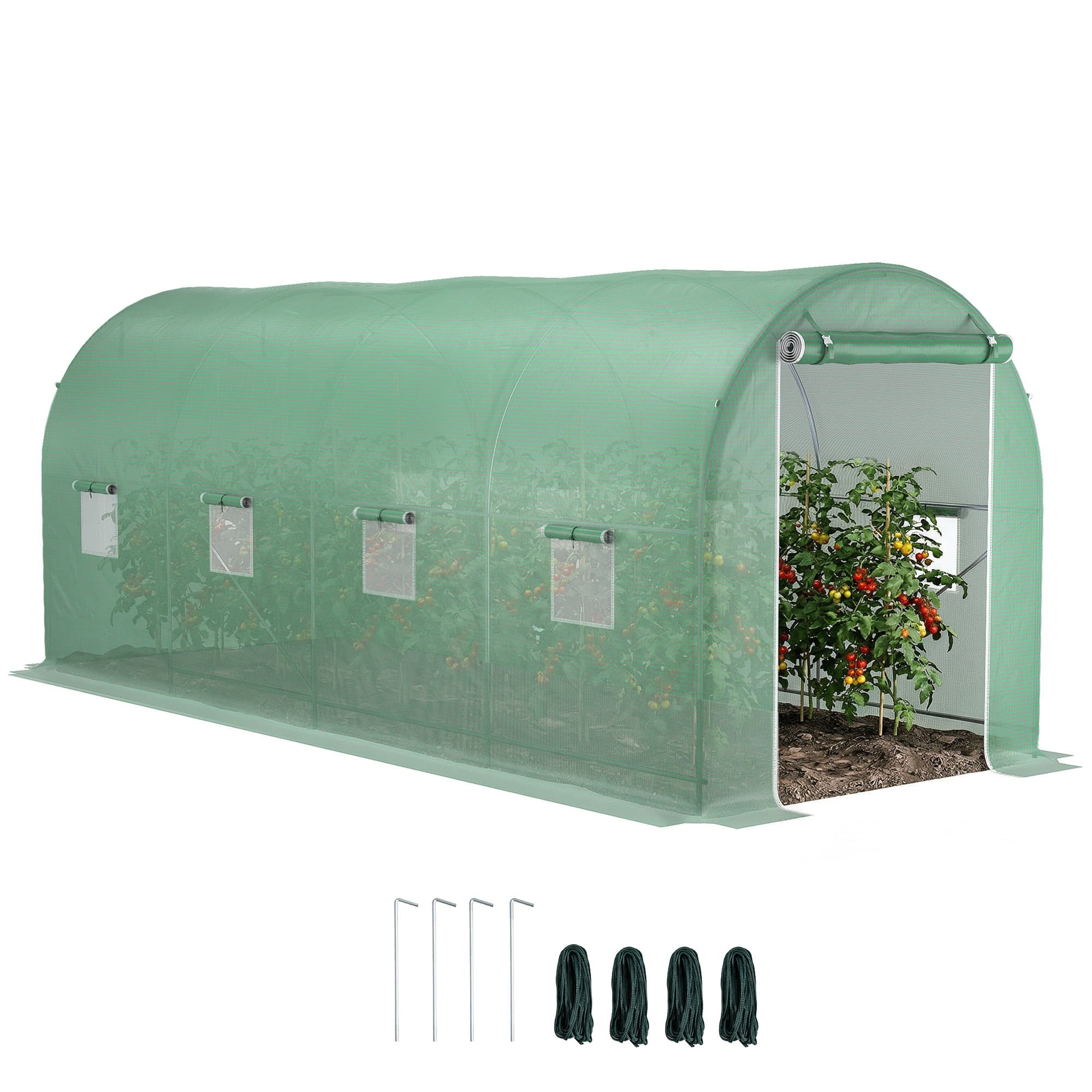 Outsunny Serre de Jardin Serre Tunnel Surface Sol 10 m2 5 x 2 x 2,1 m Châssis Tubulaire Renforcé Porte Zippée 8 Fenêtres Enroulables Vert