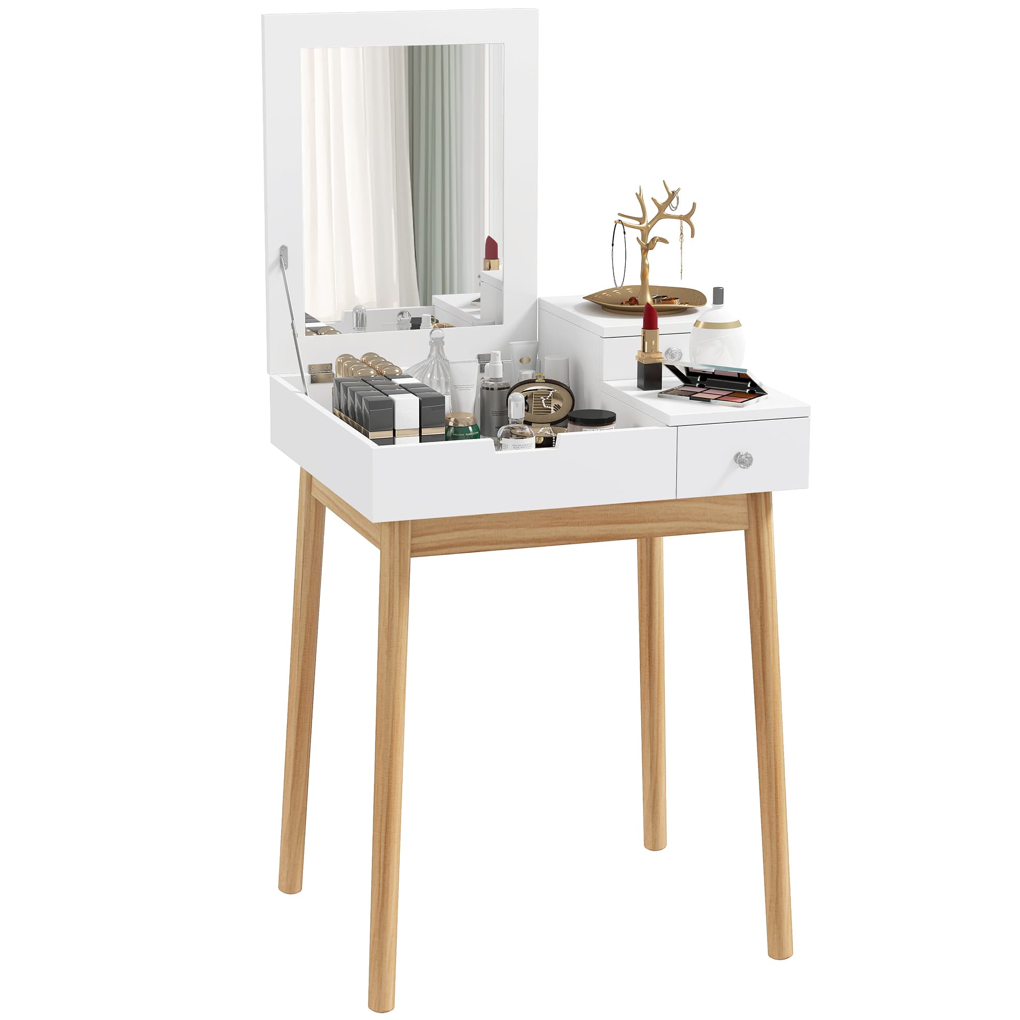 HOMCOM Coiffeuse Design scandinave Table de Maquillage Multi-rangements Miroir Pliable 60L x 50l x 86H cm pin et MDF Blanc