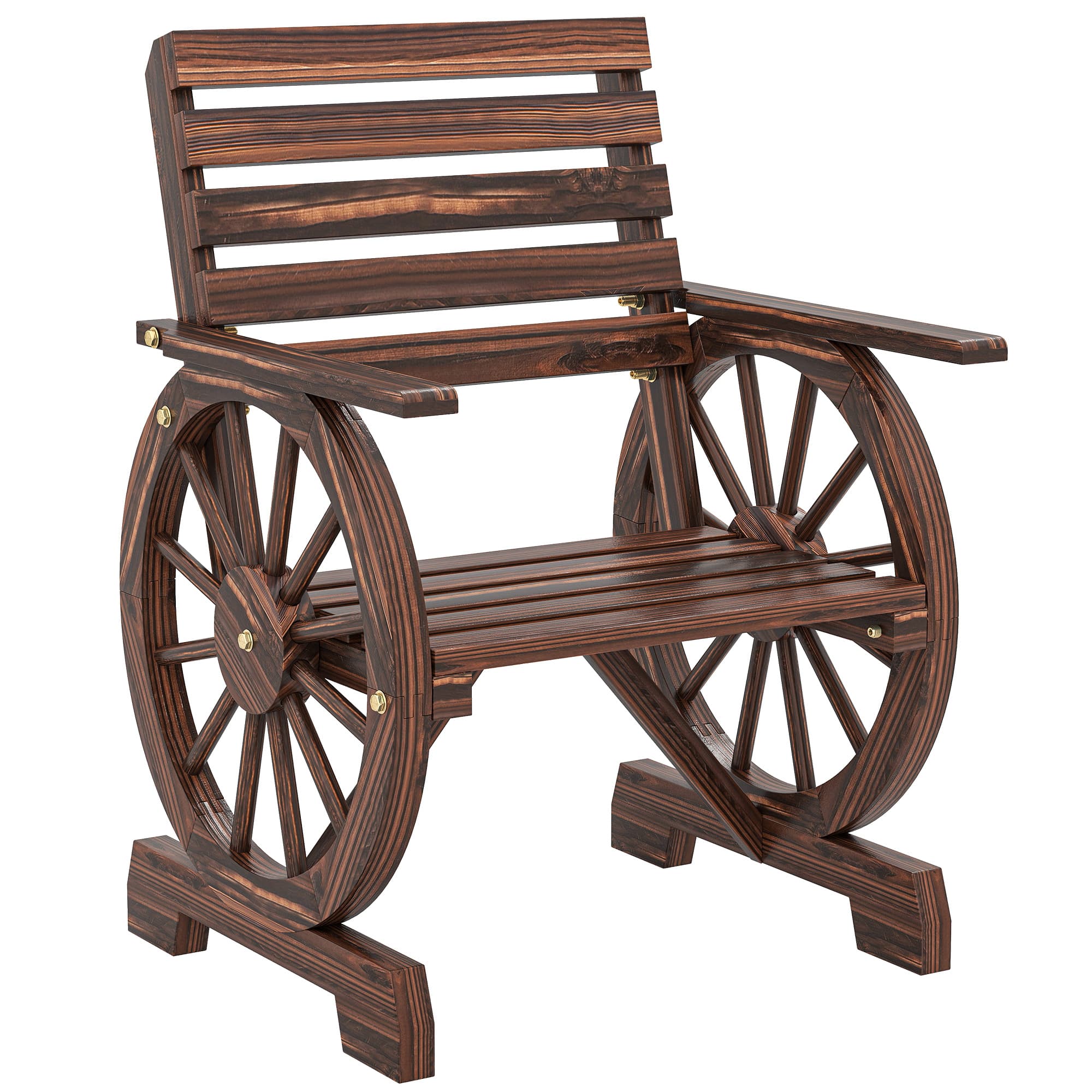 Outsunny Chaise de Jardin en Bois, Style Roue de Chariot, Siège Large à Lattes, Dossier Incliné, 66x55x90cm, Finition Carbonisée