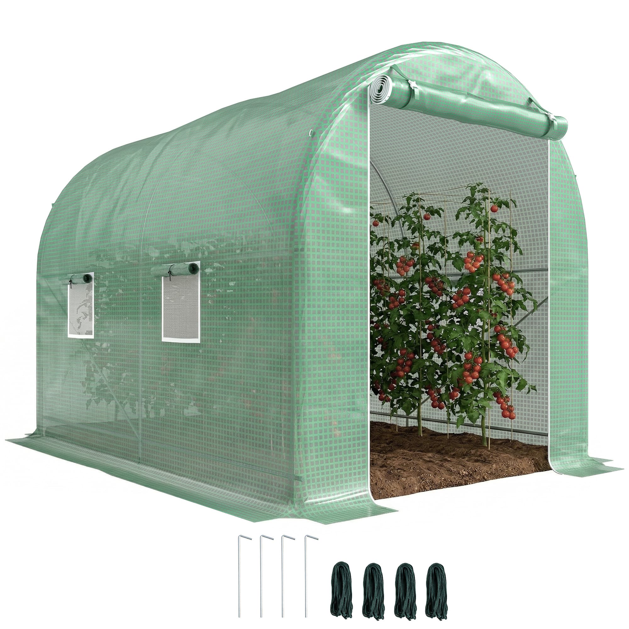 Outsunny Serre de jardin tunnel surface sol 6 m2 3L x 2l x 2,10H m châssis tubulaire renforcé porte zippée 4 fenêtres enroulables vert Aosom France
